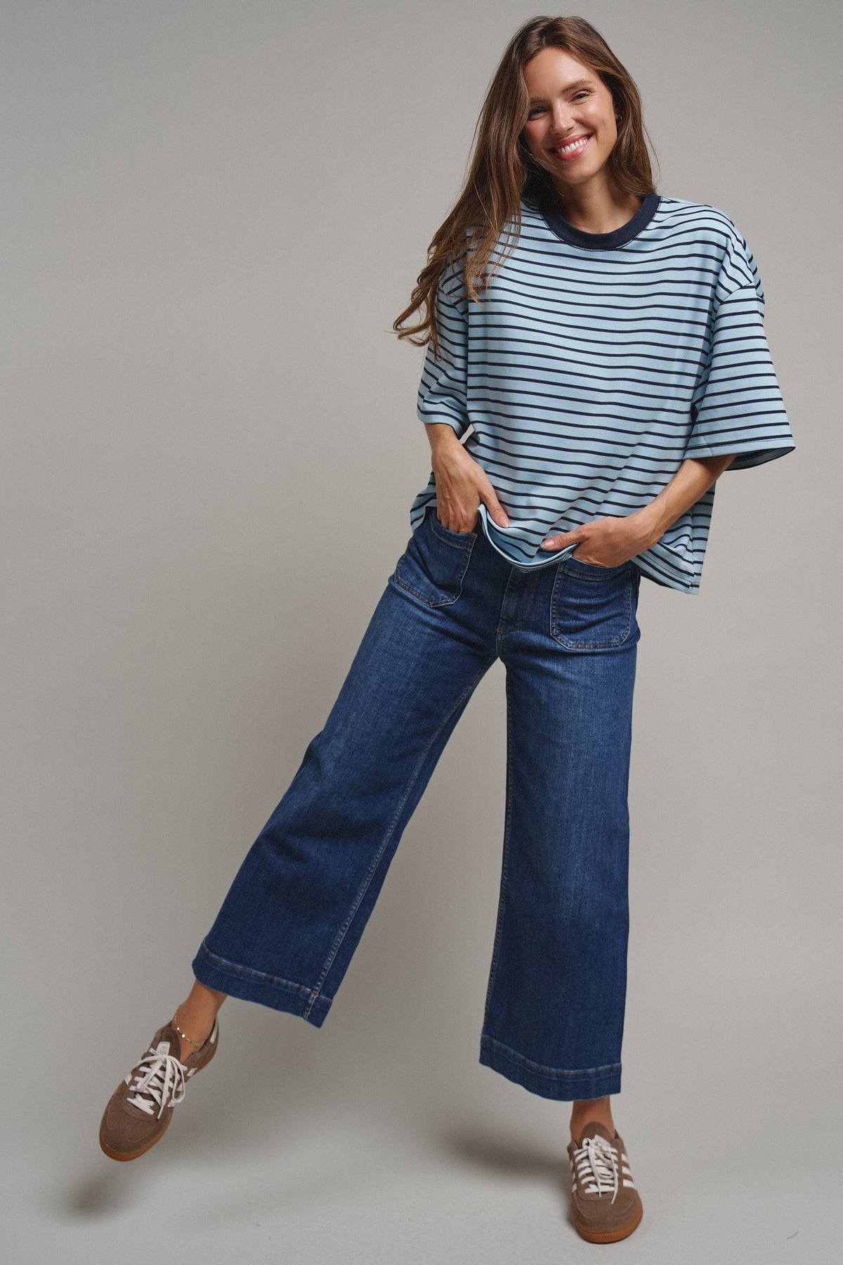 Oversized Striped Contrast Neck Boxy Tee