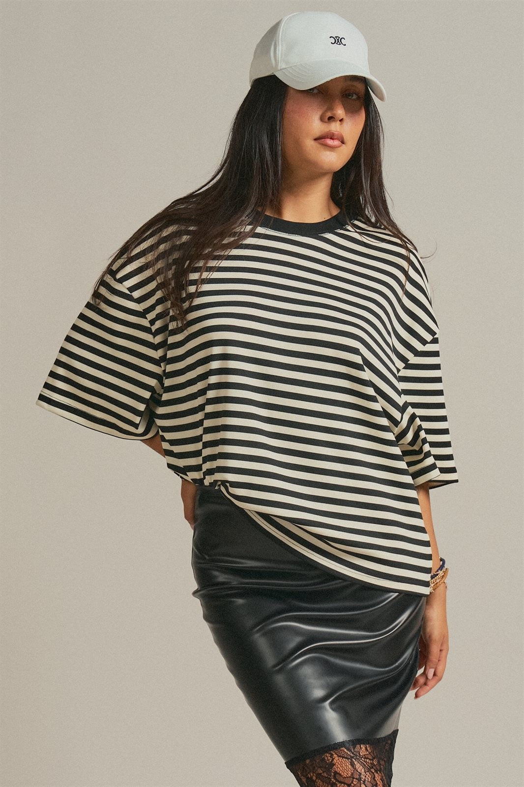 Oversized Striped Contrast Neck Boxy Tee