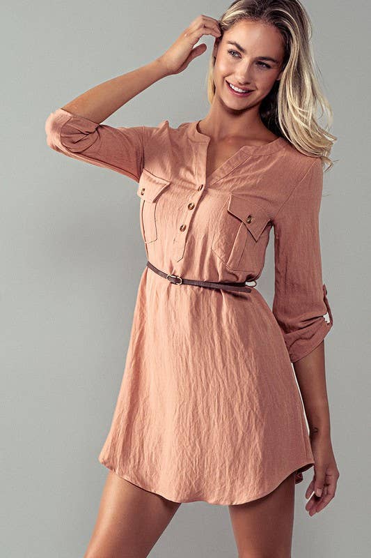 Utility Pocket Belted Henley Mini Dress
