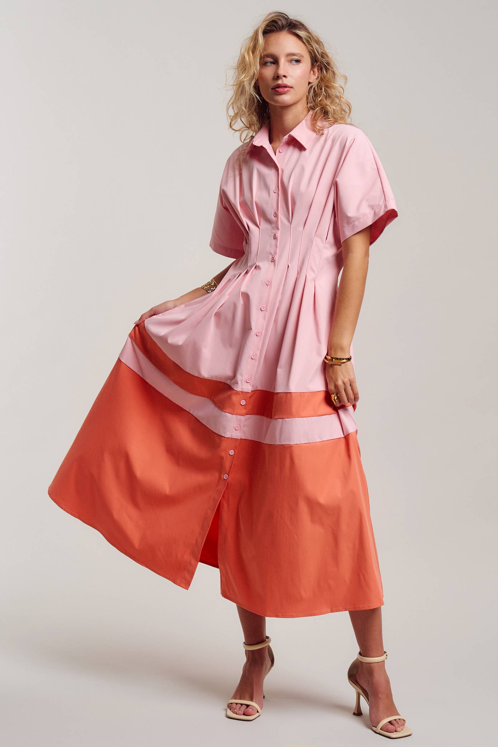 Colorblock Button-Up Cotton Midi Dress