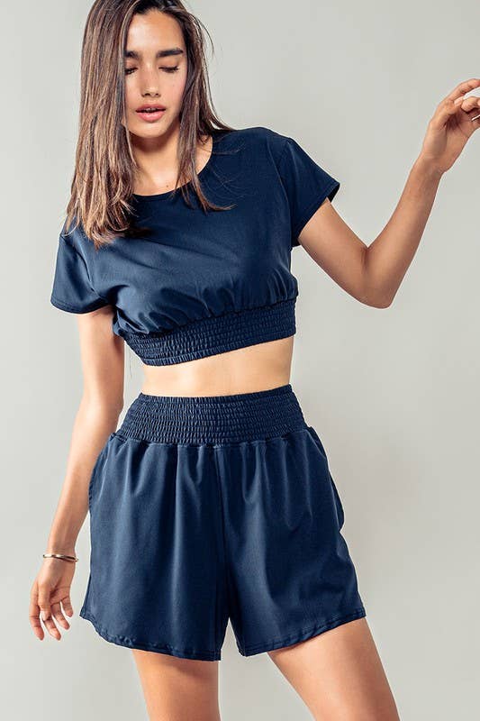 Urban Daizy Elastic Waist Cropped Short Sleeve Summer Top Navy Blouse - Women's (UDZ-TP-00536) – alternate view 2