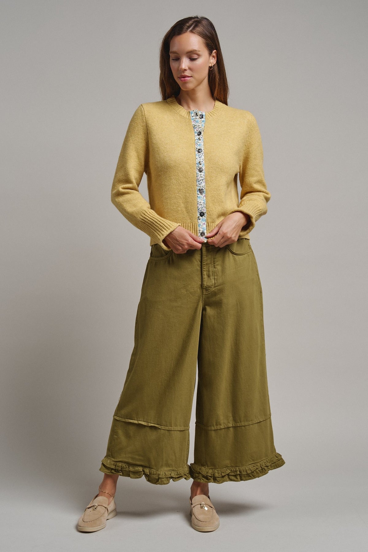 Floral Contrast Wool Blend Crew Neck Cardigan in HONEY GOLD - Women's Cardigans & Shrugs | Urban Daizy