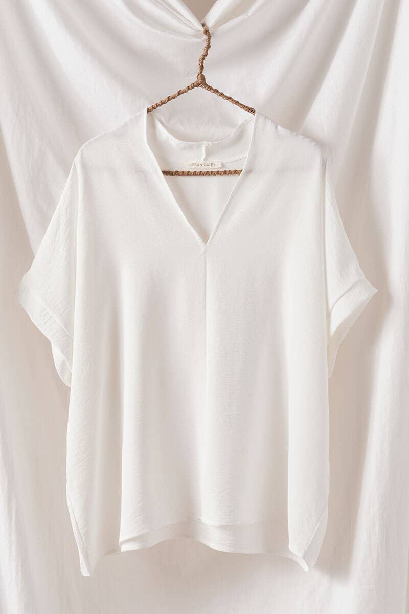 Urban Daizy Relaxed V-Neck Top with Folded Sleeves Ivory Blouse - Women's (UDZ-TP-00570)