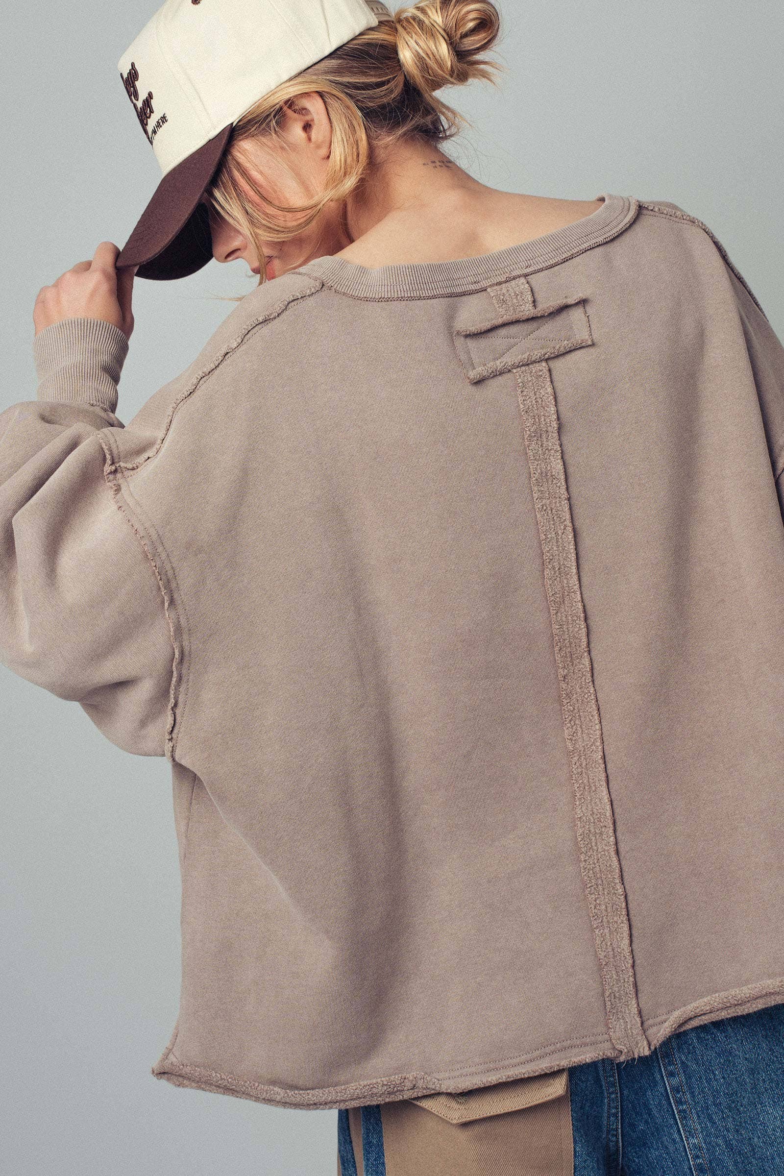 Raw Edge V-Neck Oversized Sweatshirt