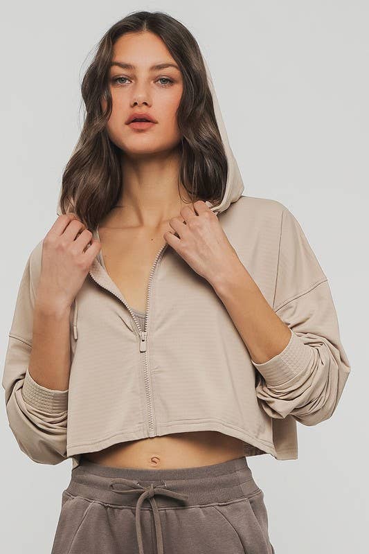 Urban Daizy Cropped Zip Up Drawstring Hooded Workout Jacket Stone Athletic Jacket - Women's (UDZ-OT-00350) – alternate view 8