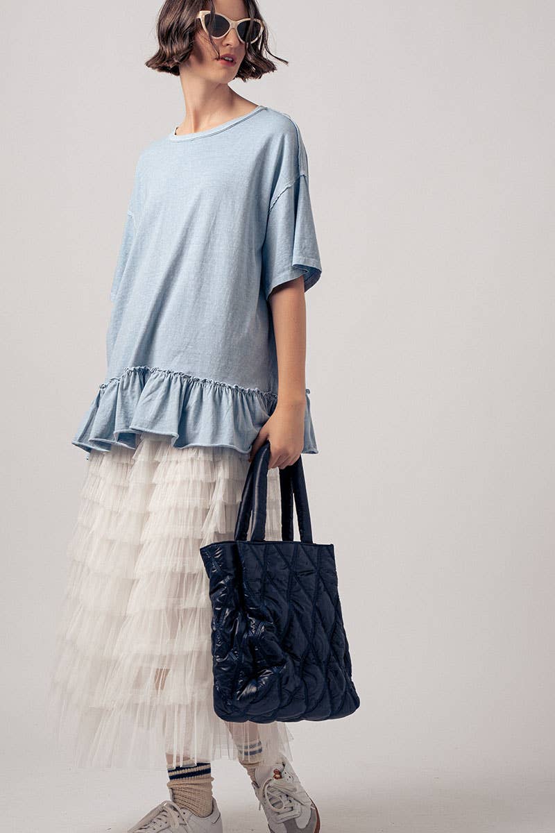 Casual Drop Shoulder Ruffle Hem Exposed Stitch Crew Neck Top