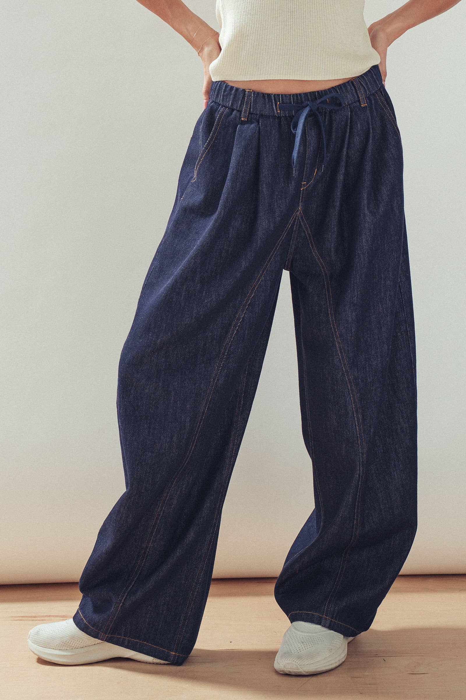 Drawstring Waist Dark Wash Barrel Leg Jeans