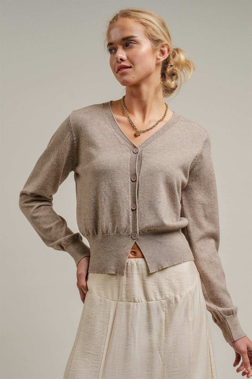 Soft V-Neck Button Knit Cardigan in H MOCHA - Women's Cardigans & Shrugs | Urban Daizy