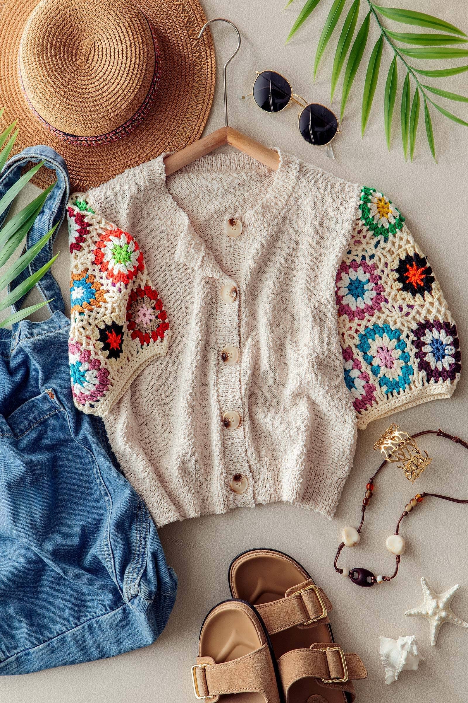 Urban Daizy Granny Square Crochet Sleeve Knit Button Cardigan Taupe Cardigan - Women's (UDZ-KN-01058) – alternate view 5