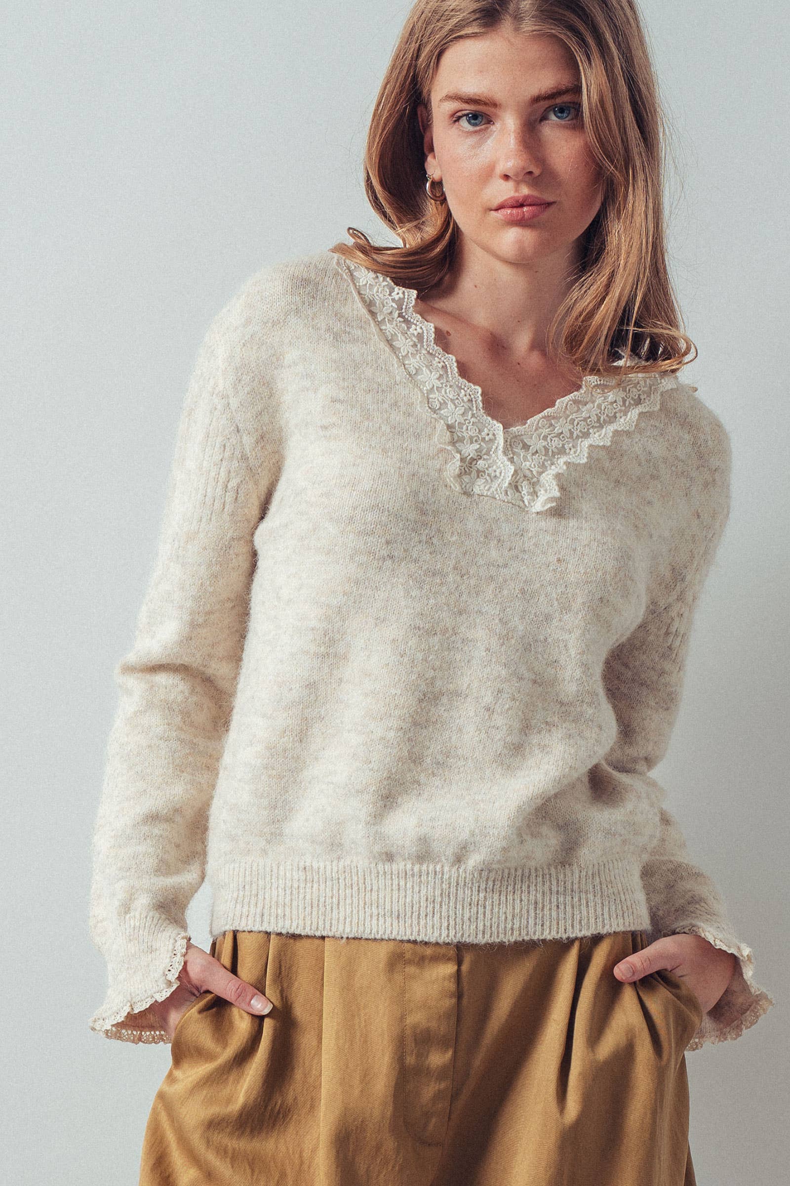 Lace Trim V-Neck Heathered Knit Sweater