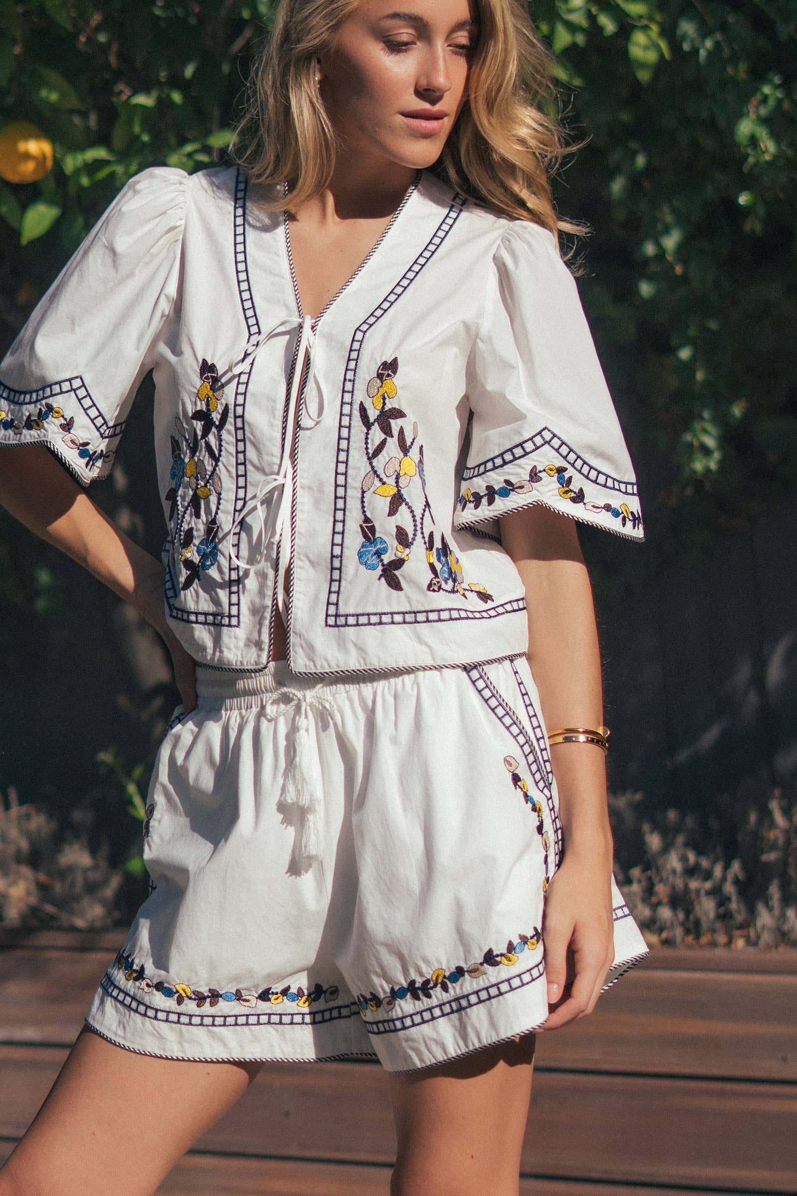 Urban Daizy Floral Embroidered Drawstring Cotton Shorts Navy Shorts - Women's (UDZ-PT-00453) – alternate view 5