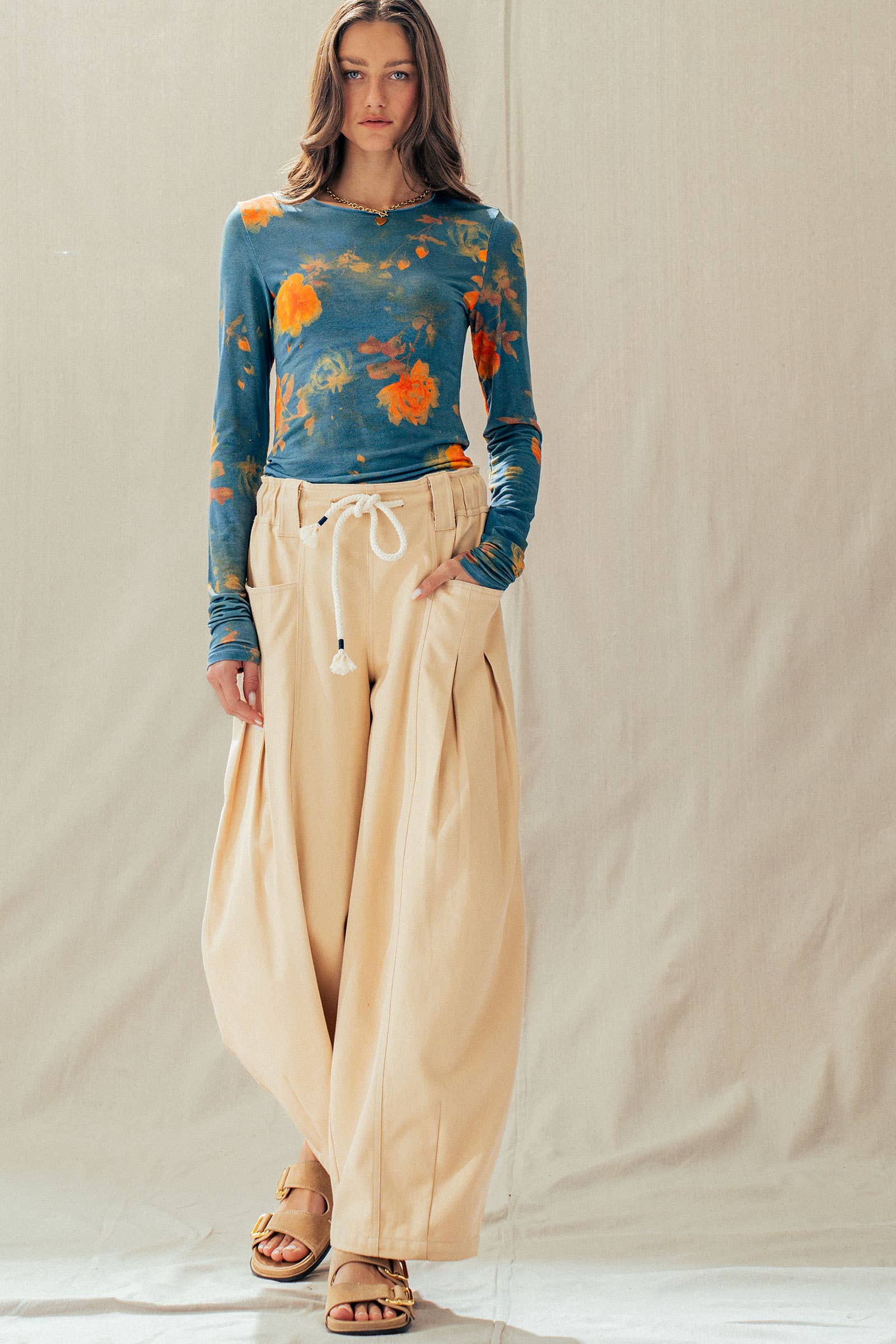Vintage Floral Long Sleeve Top Tencel Wool Blend