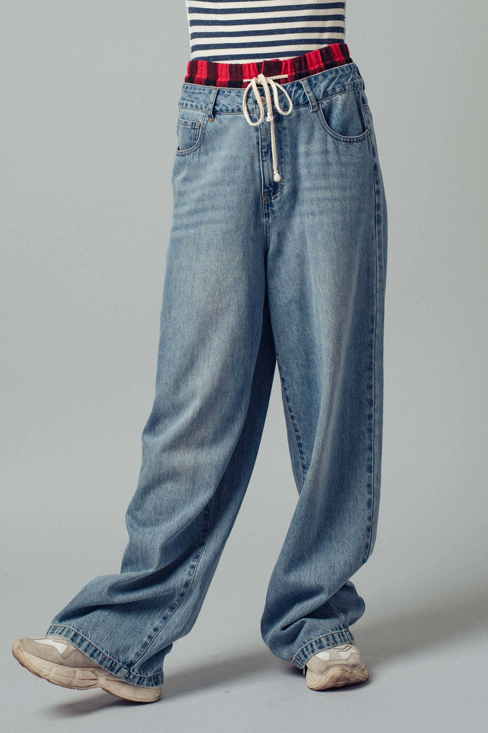 Flannel Waistband Contrast Drawstring Denim Pants