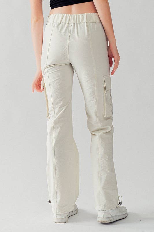 High Waist Mesh Pocket Elastic Cuff Adjustable Cargo Pants