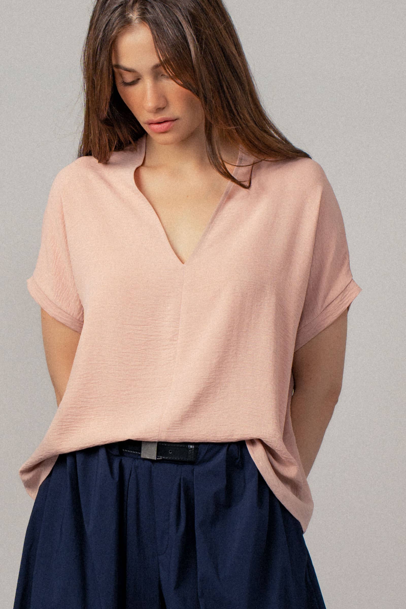 Urban Daizy Relaxed V-Neck Top with Folded Sleeves Ivory Blouse - Women's (UDZ-TP-00570) – alternate view 2
