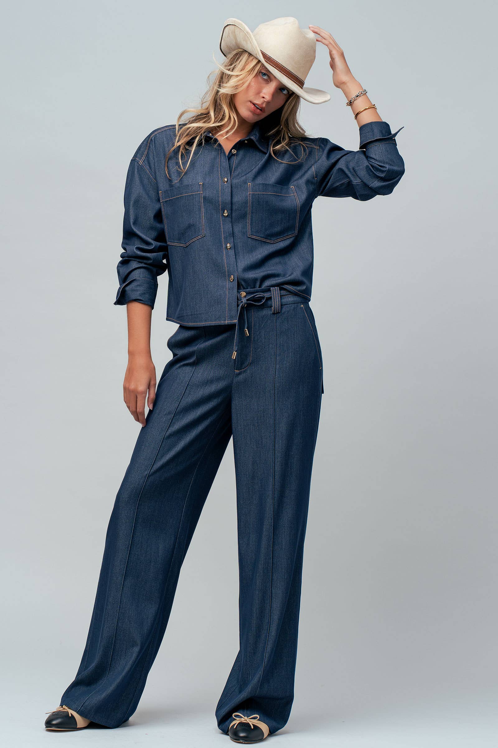 Drawstring Wide Leg Denim Pants