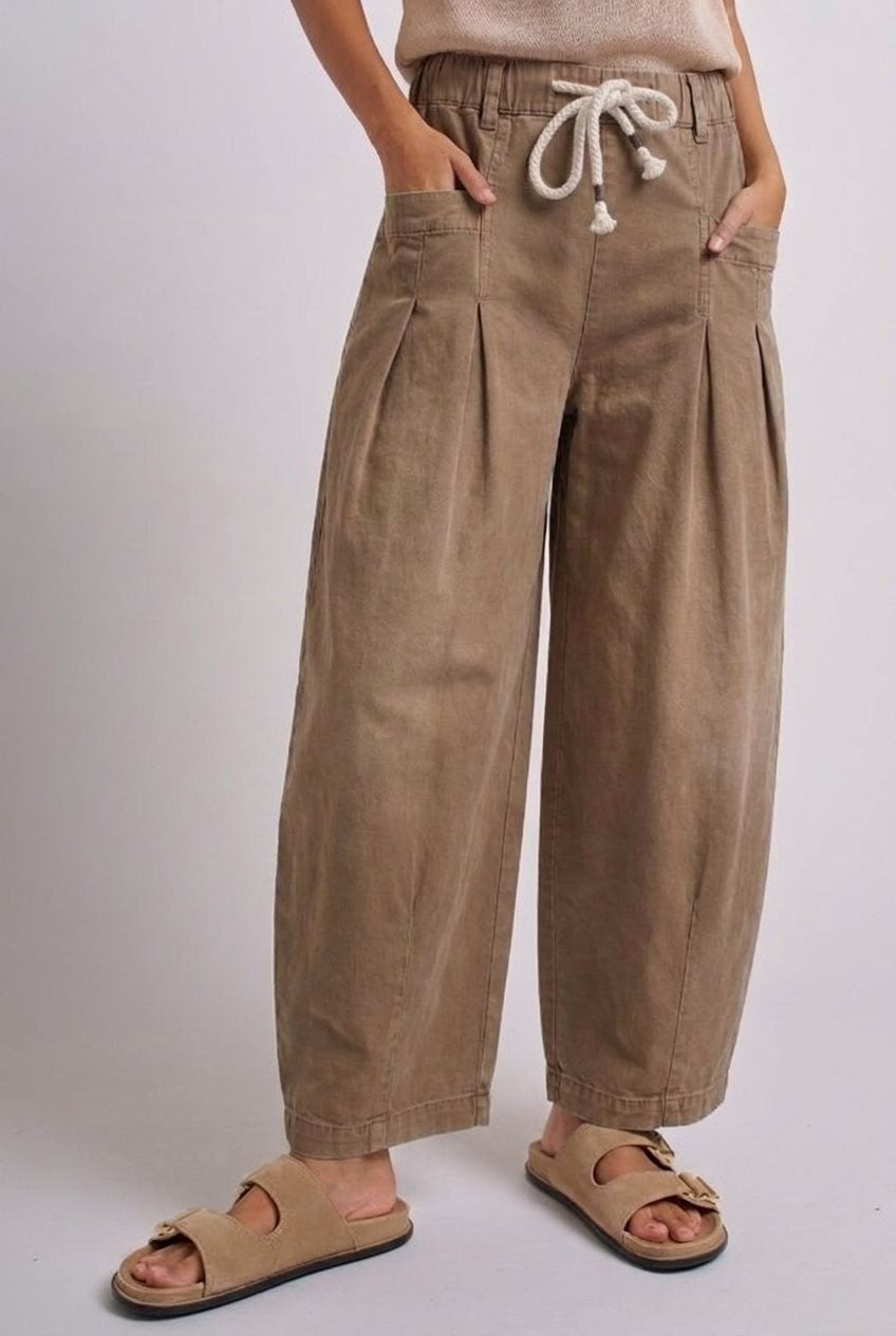 Pleated Wide-Leg Barrel Pant with Drawstring in CAMEL - Women's Casual Pants | Urban Daizy