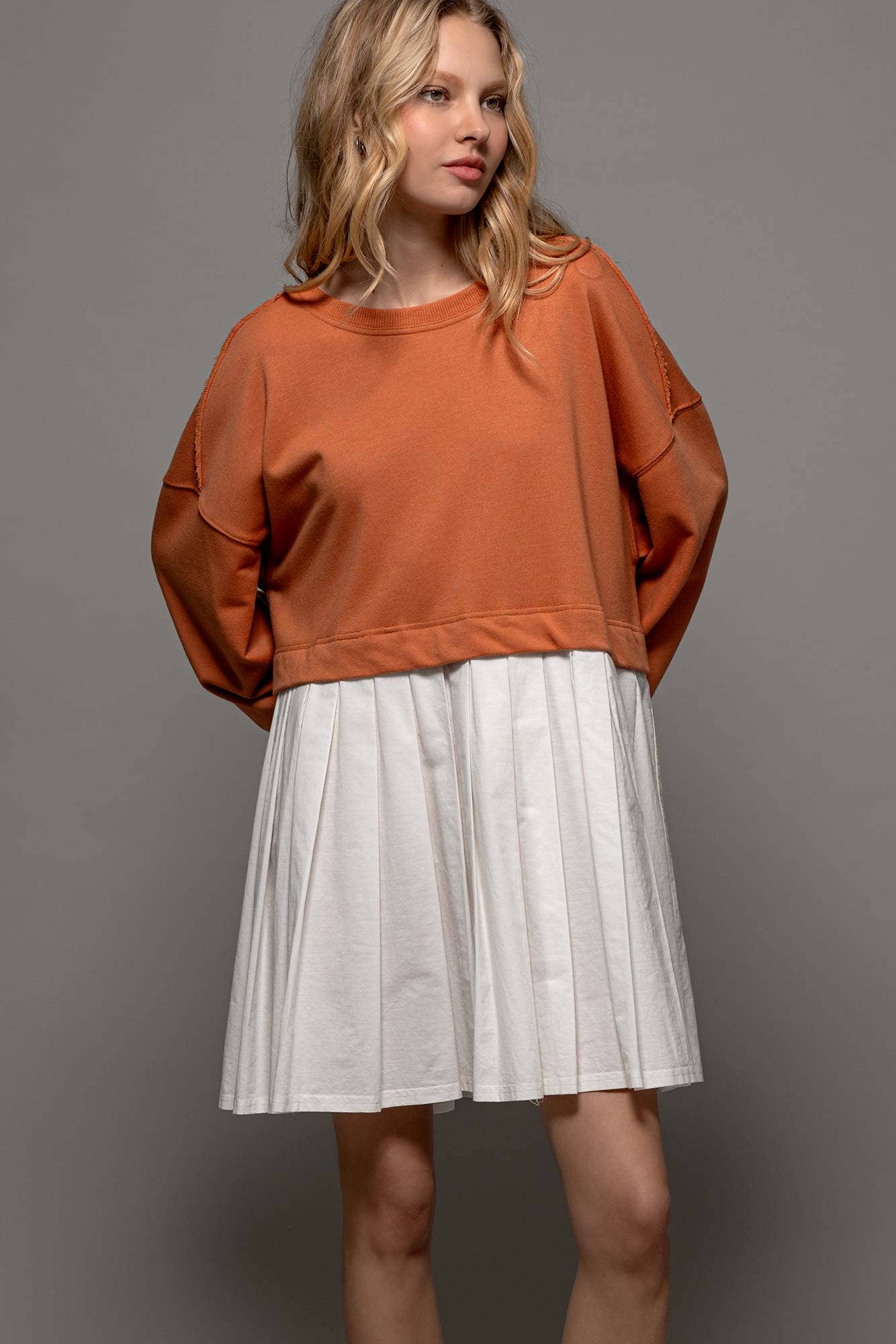 Urban Daizy Pleated Skirt Layered Statement Sweater Dress Rust Dress - Women's (UDZ-DR-00306) – alternate view 17