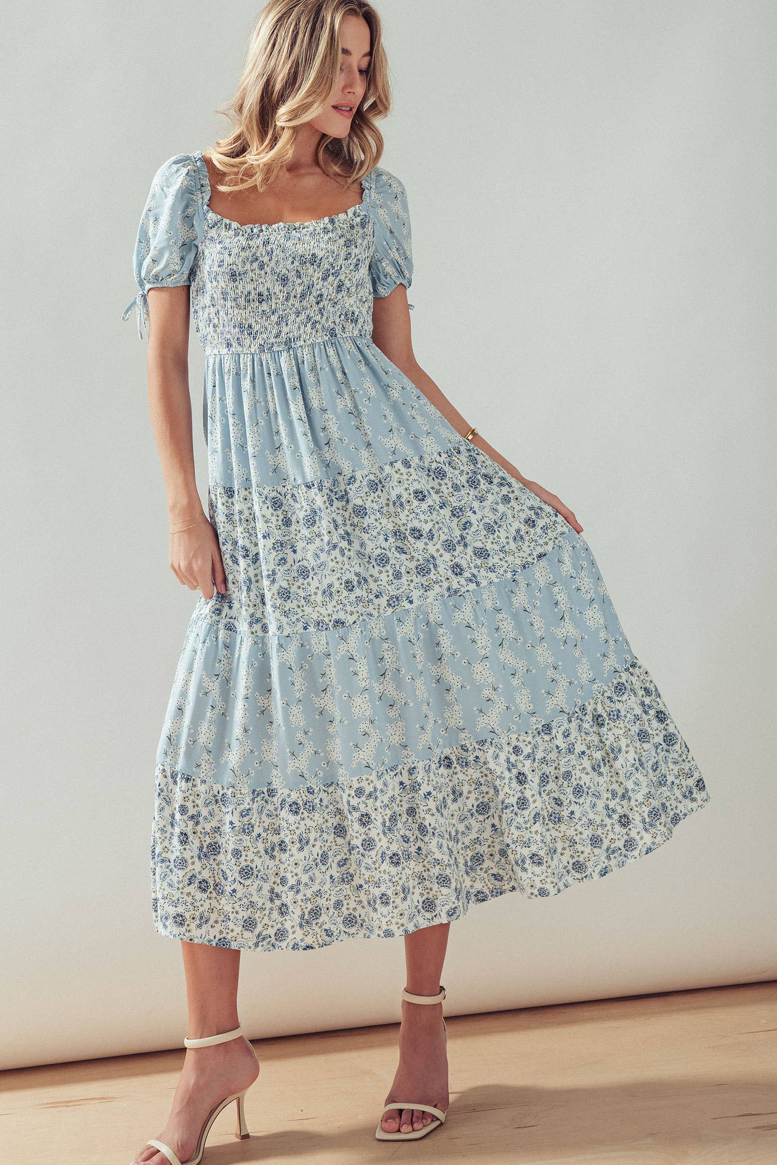 Smocked Floral Print Tiered Midi Dress