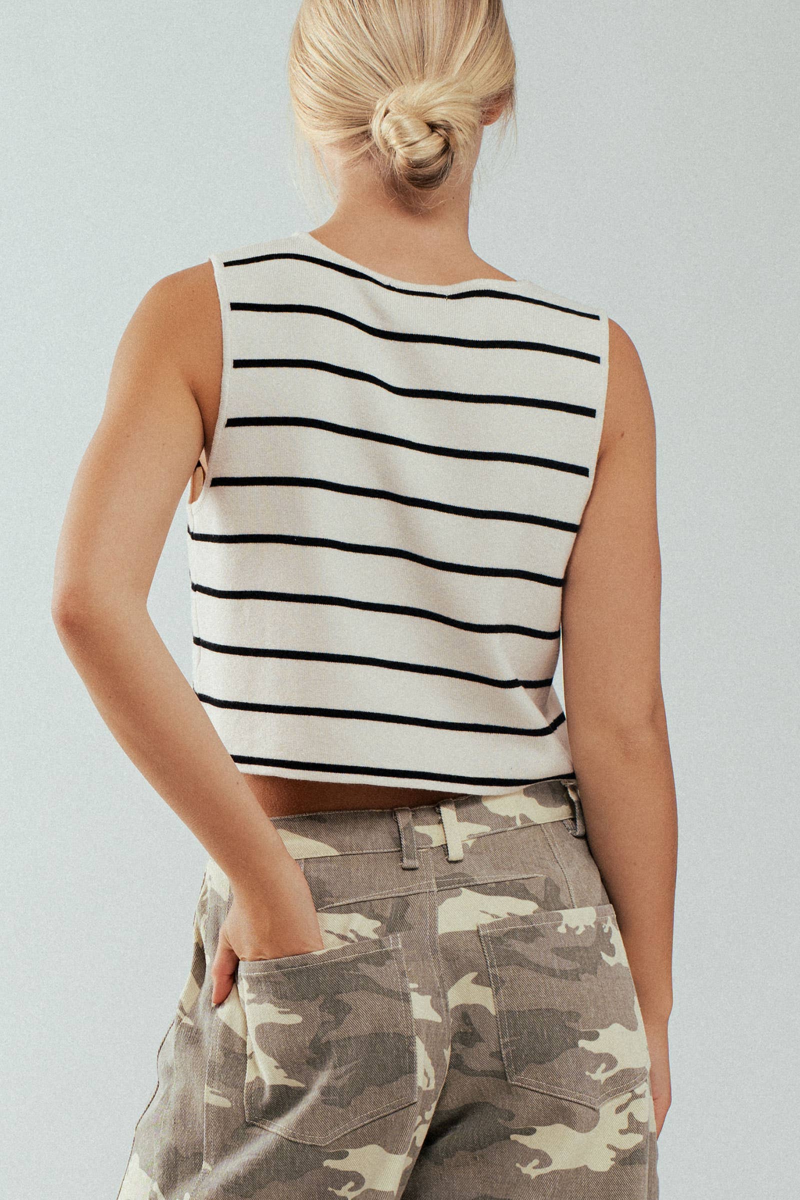 Urban Daizy Striped Tie-Front Cropped Knit Top Black White Knit Top - Women's (UDZ-TP-00750) – alternate view 6
