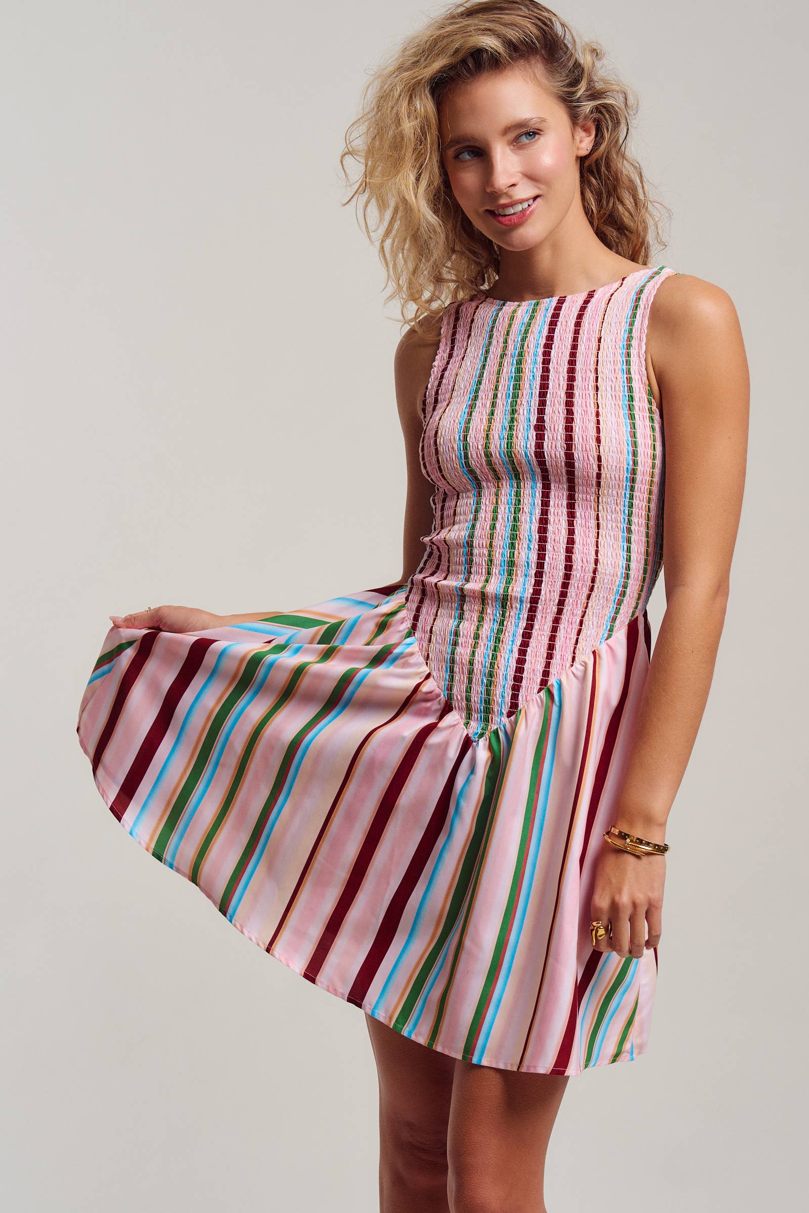 Urban Daizy Sorbet Stripe Smocked Bodice Sleeveless Mini Dress Muiti Dress - Women's (UDDR0349-Muiti) – alternate view 7