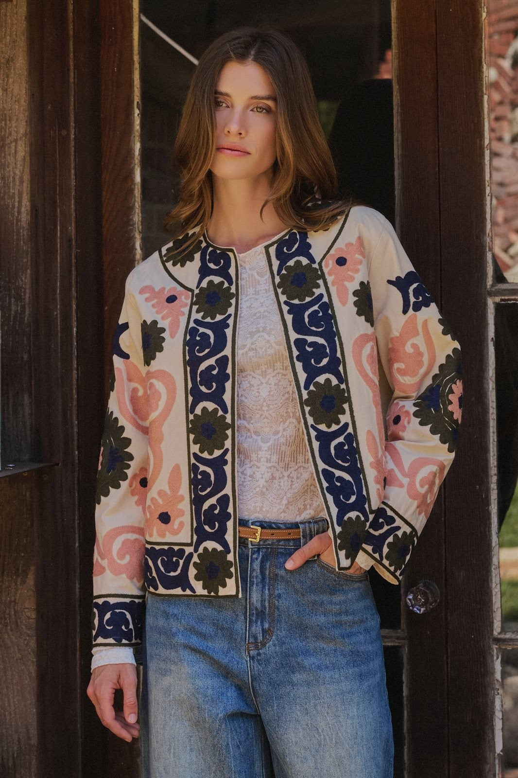 Suzani Embroidered Cotton Jacket with Floral Scroll in CREAM - Women's Jackets & Blazers | Urban Daizy
