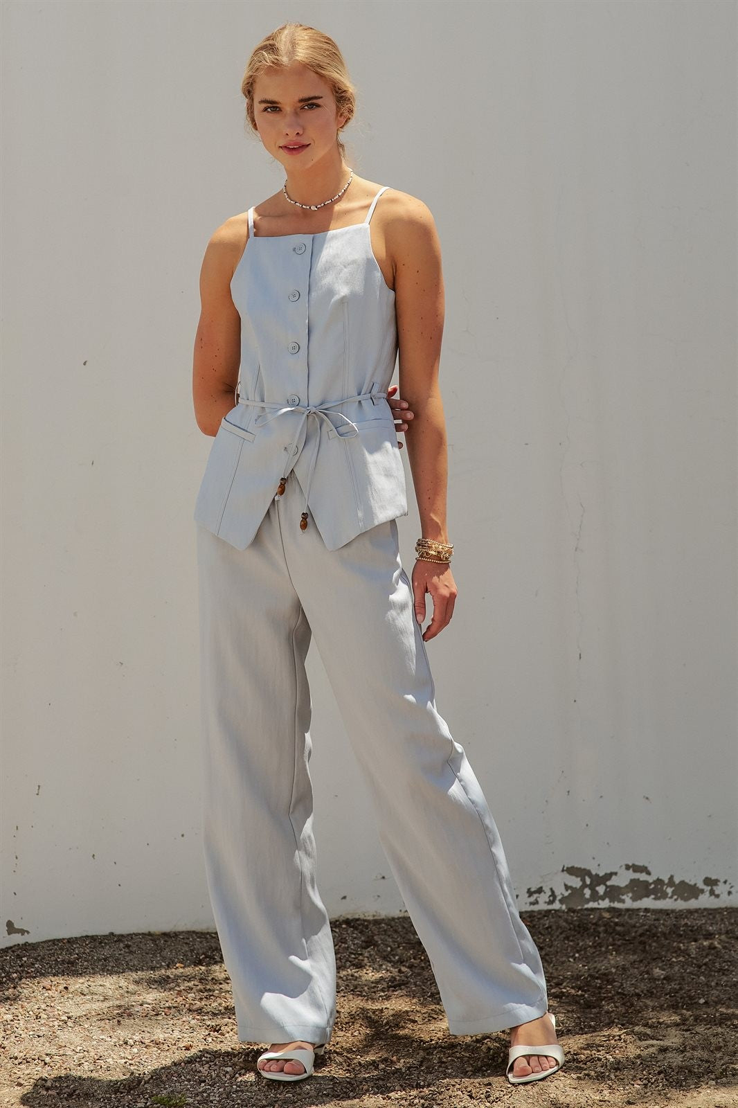 Buttoned Tie-Waist Cami Top in DEW BLUE - Women's Tops | Urban Daizy