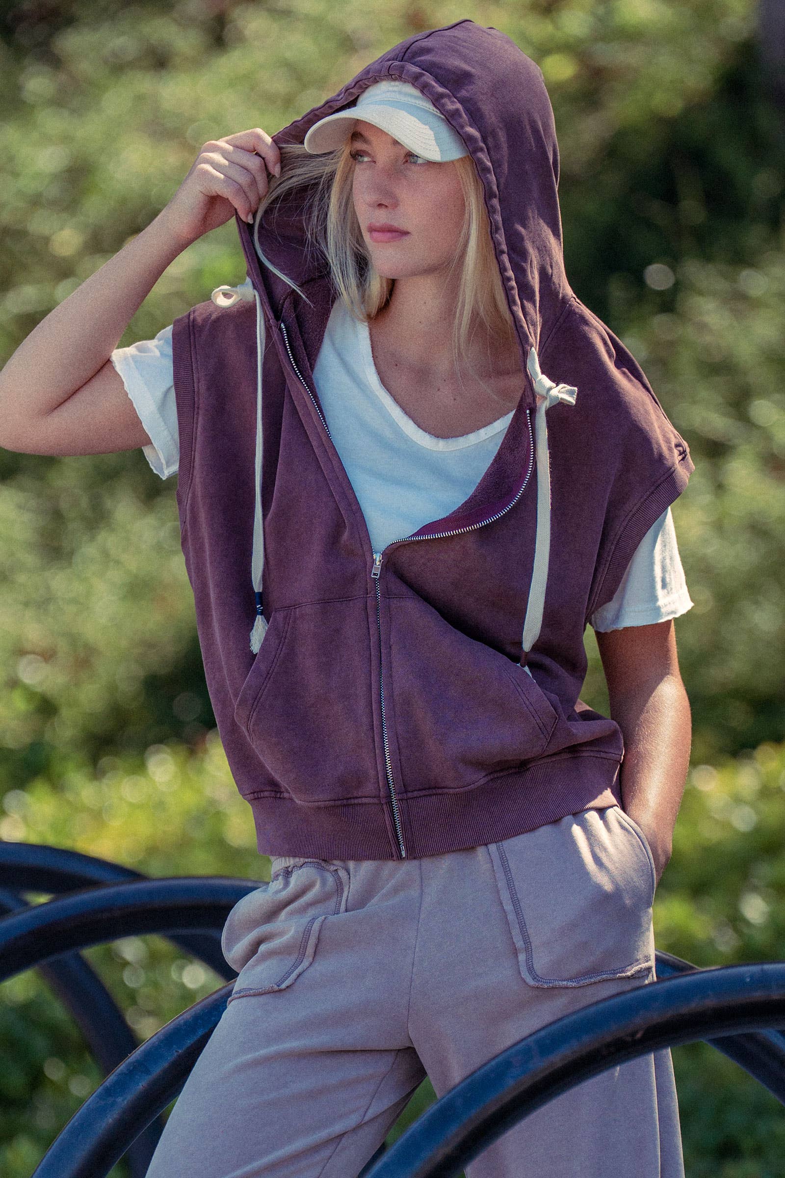 Vintage-Wash Sleeveless Terry Hoodie
