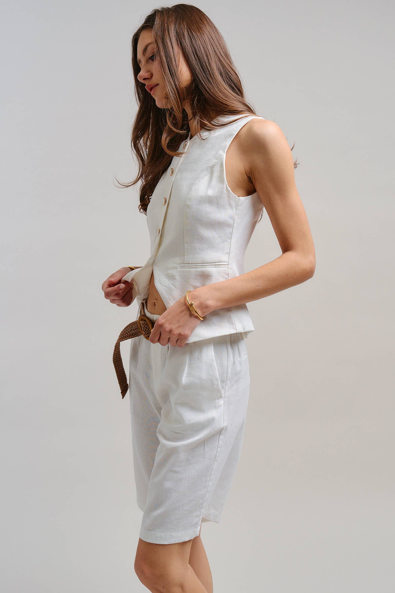 Linen Blend Belted Bermuda Shorts
