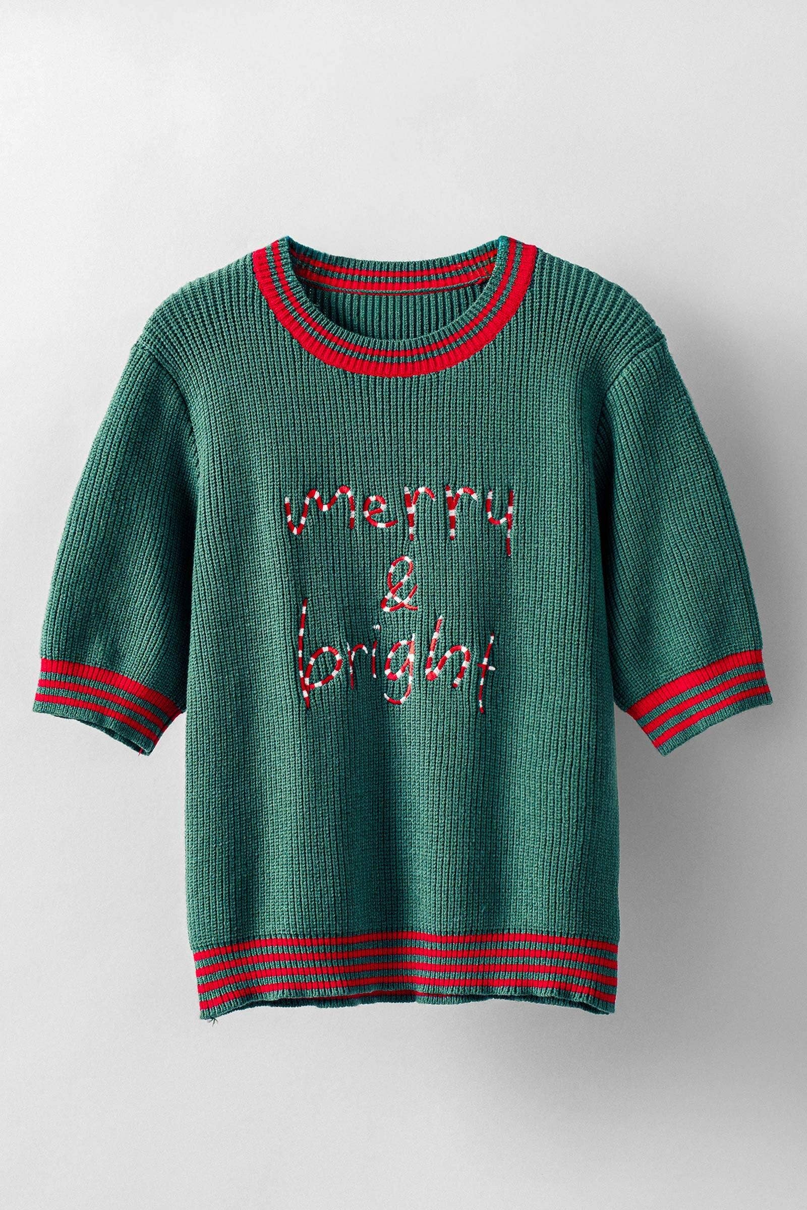 "Merry & Bright" Graphic Sweater with Striped Trim