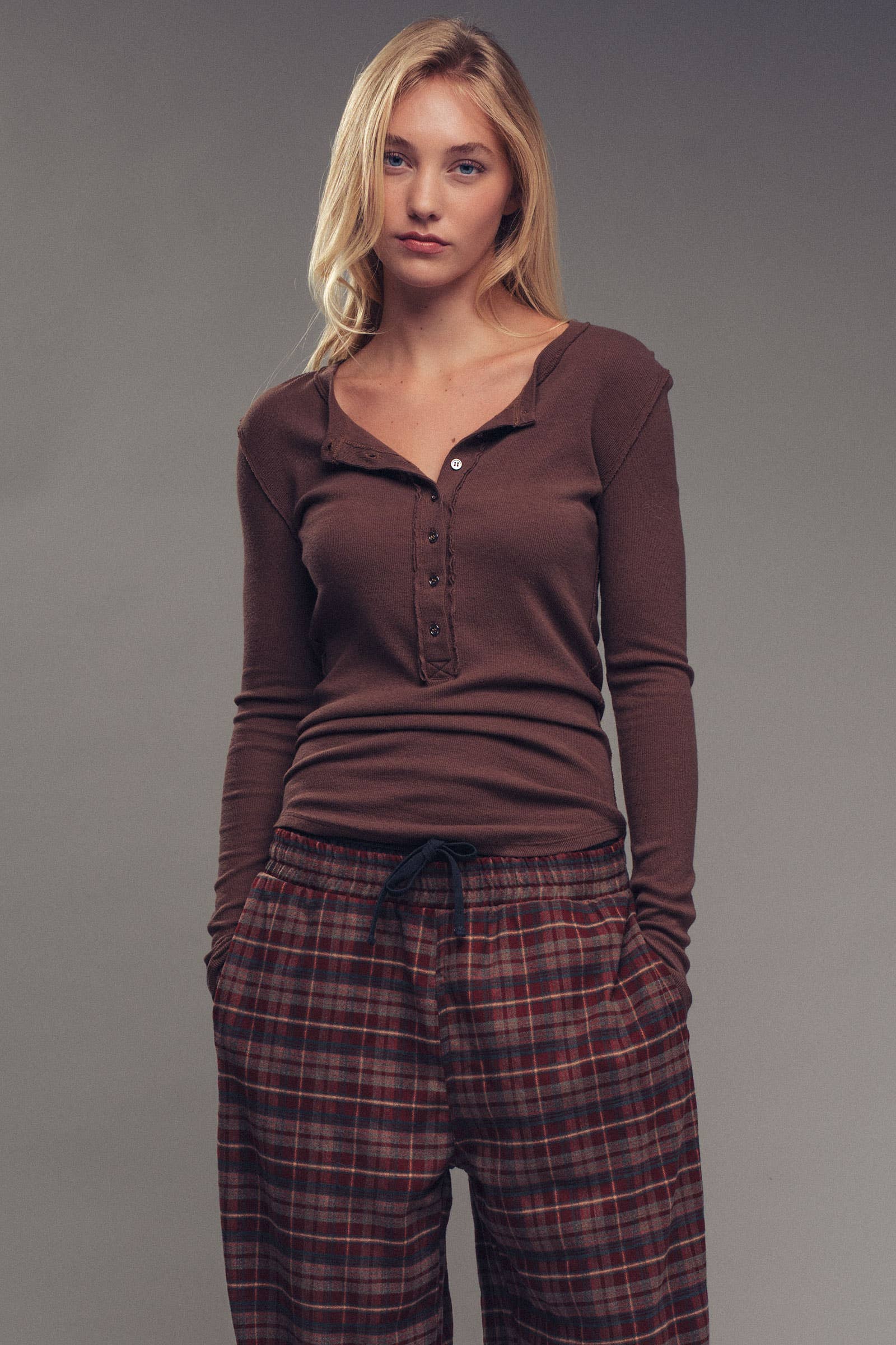 Ribbed Henley Long Sleeve Top