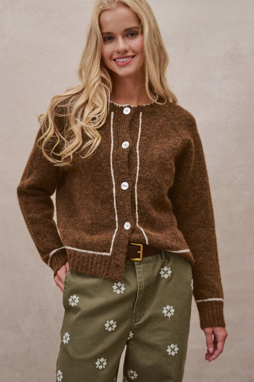 Wool Blend Sweater Cardigan with Statement Buttons in BROWN - Women's Cardigans & Shrugs | Urban Daizy