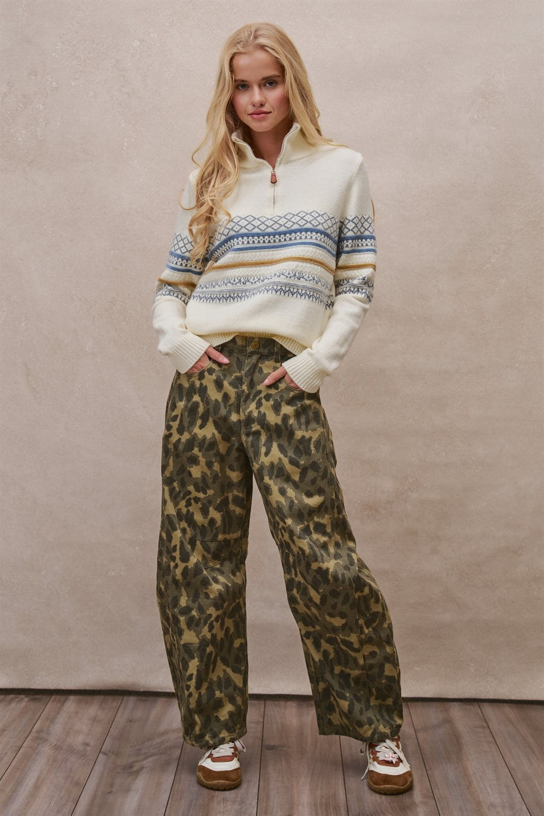 Fair Isle Quarter Zip Sweater Wool Blend with Leather Pull T in IVORY - Women's Cardigans & Shrugs | Urban Daizy