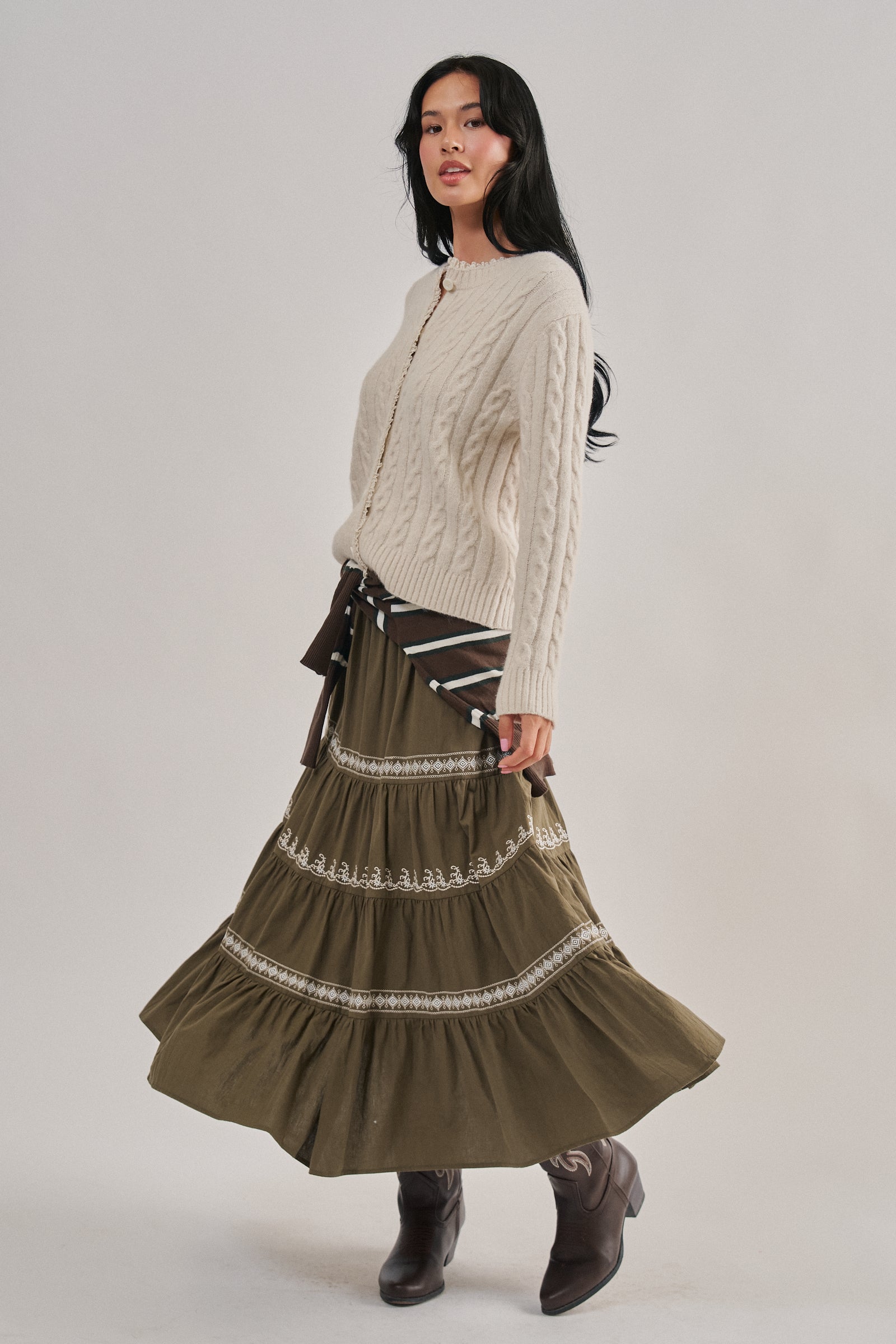 Embroidered Tiered Cotton Maxi Skirt | wholesale skirts | Urban Daizy