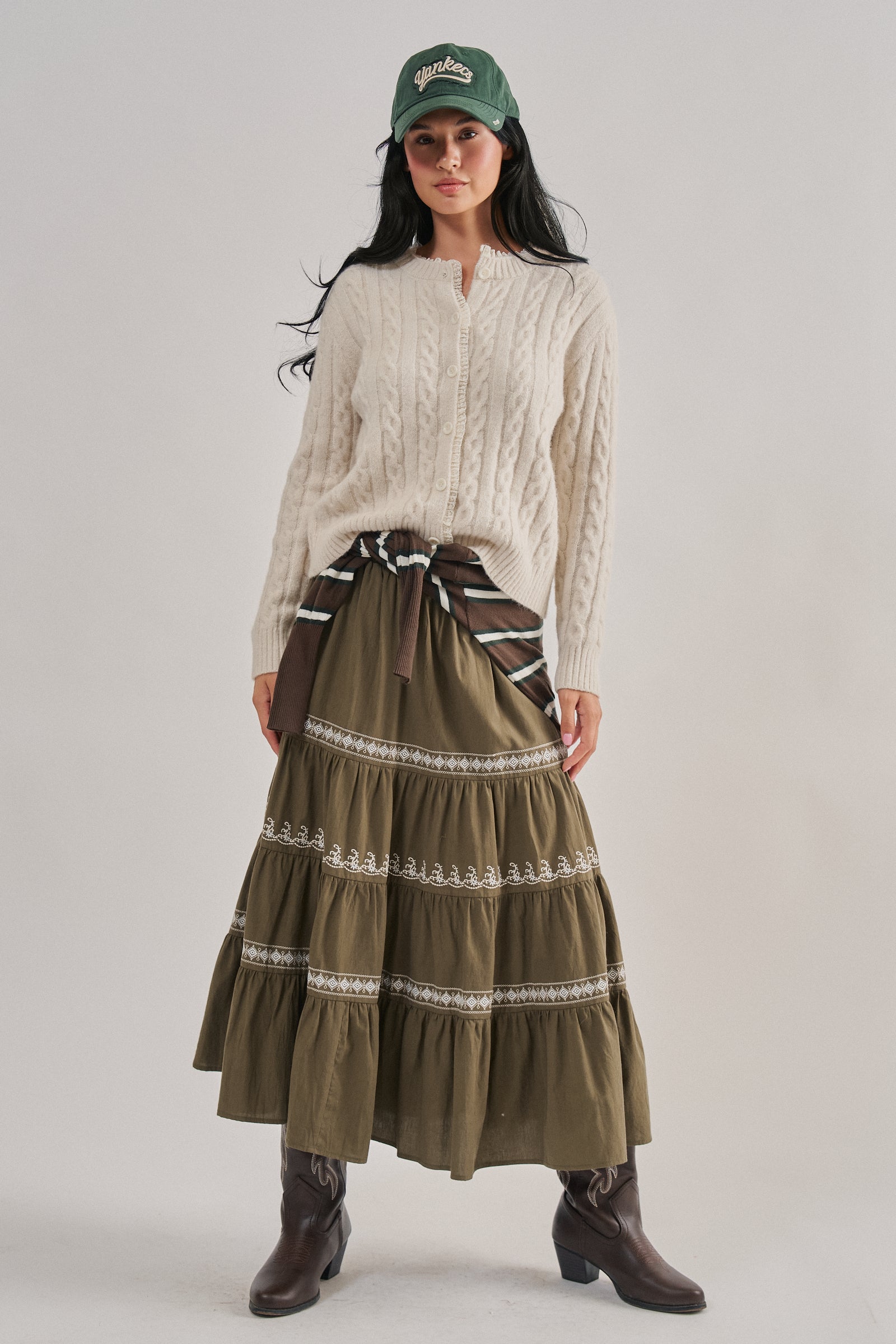 Embroidered Tiered Cotton Maxi Skirt | wholesale skirts | Urban Daizy