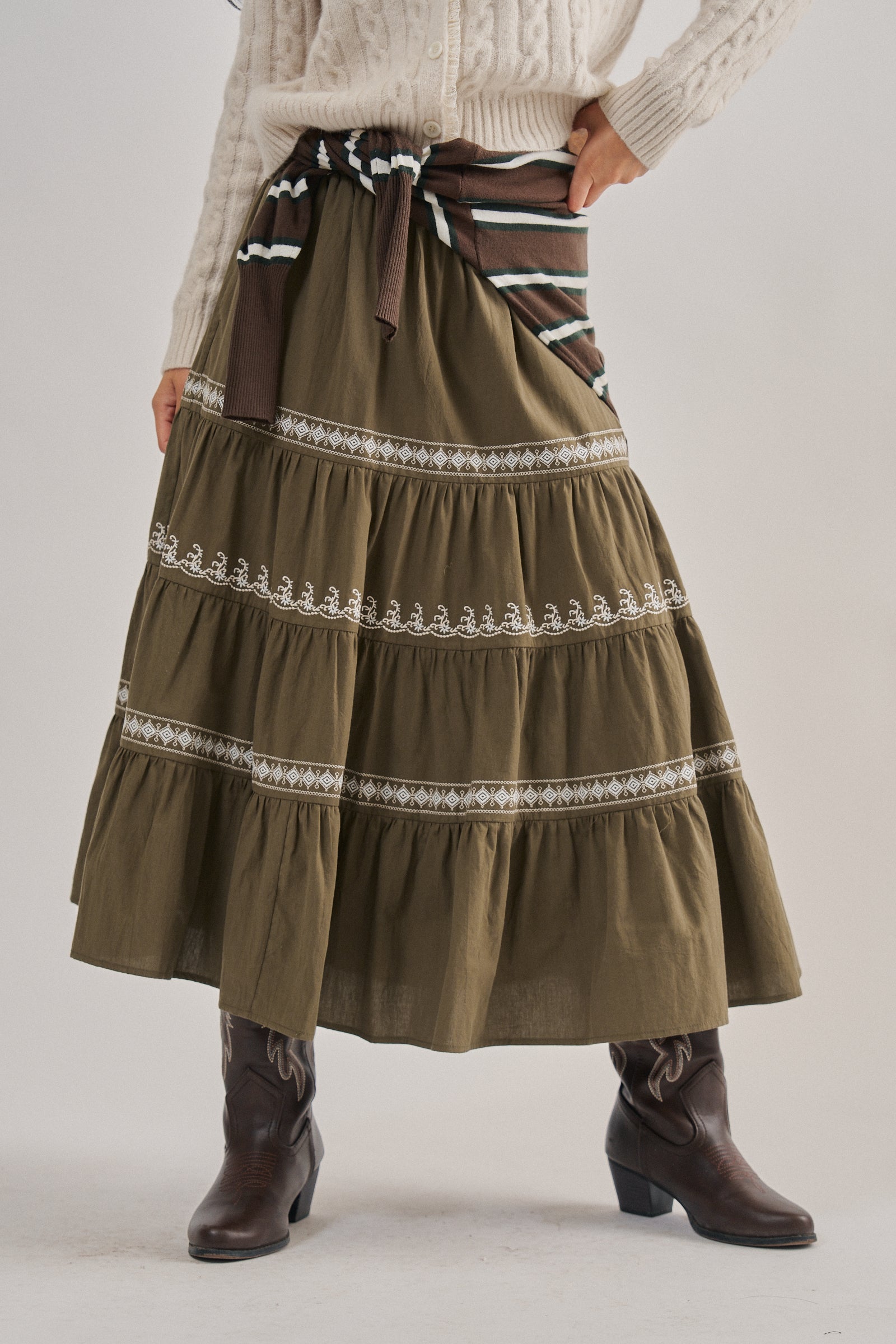 Embroidered Tiered Cotton Maxi Skirt | wholesale skirts | Urban Daizy