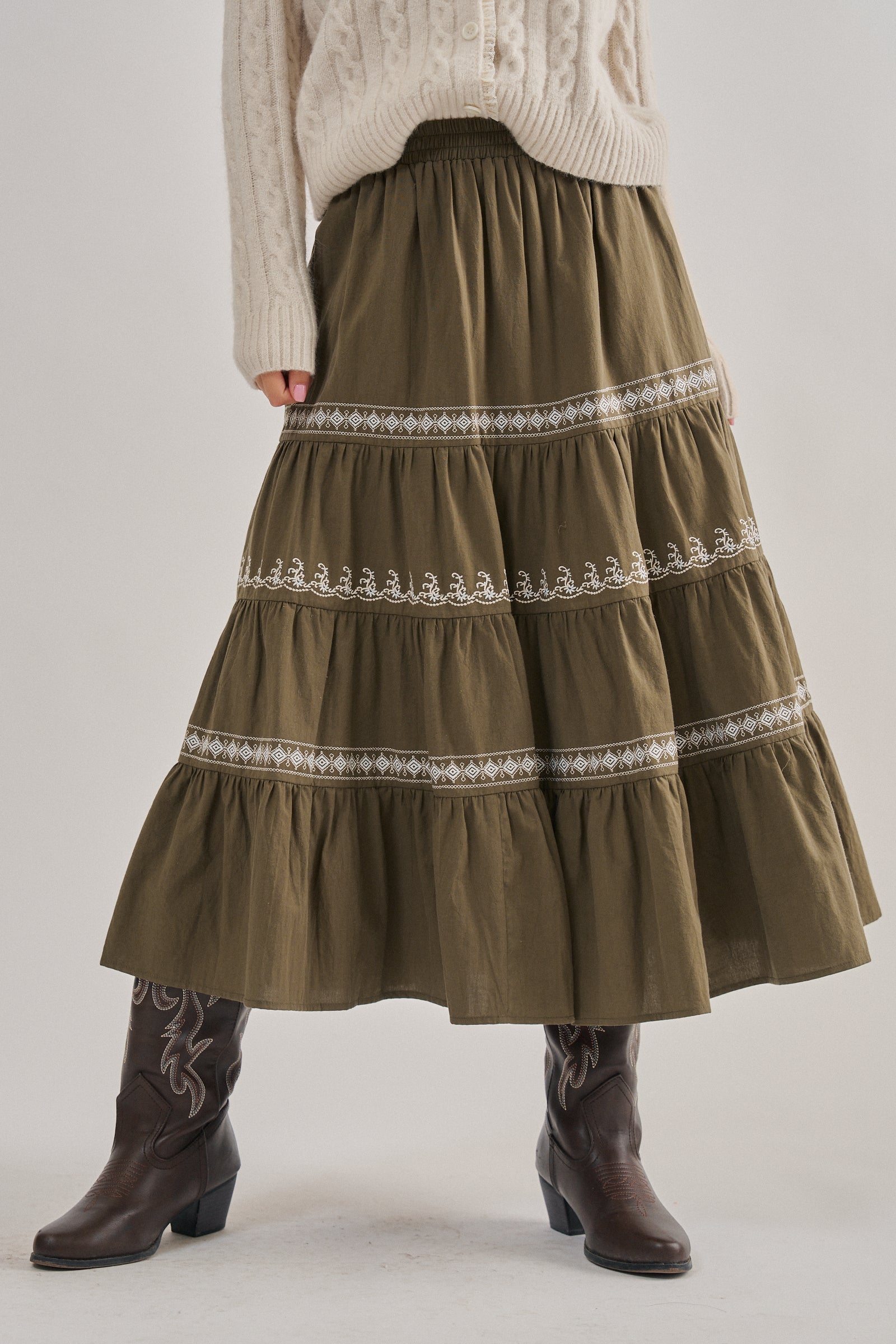 Embroidered Tiered Cotton Maxi Skirt | wholesale skirts | Urban Daizy