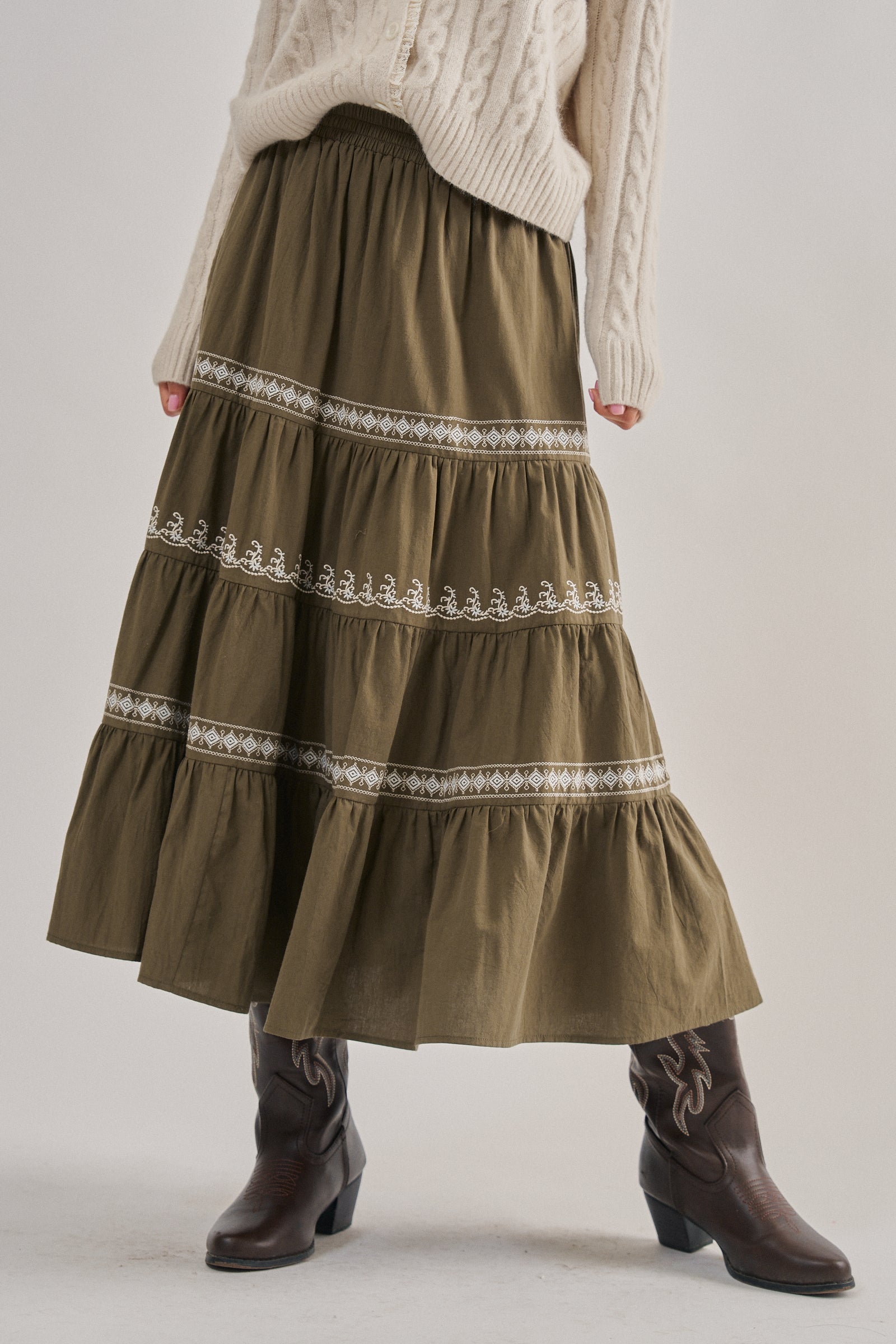 Embroidered Tiered Cotton Maxi Skirt | wholesale skirts | Urban Daizy