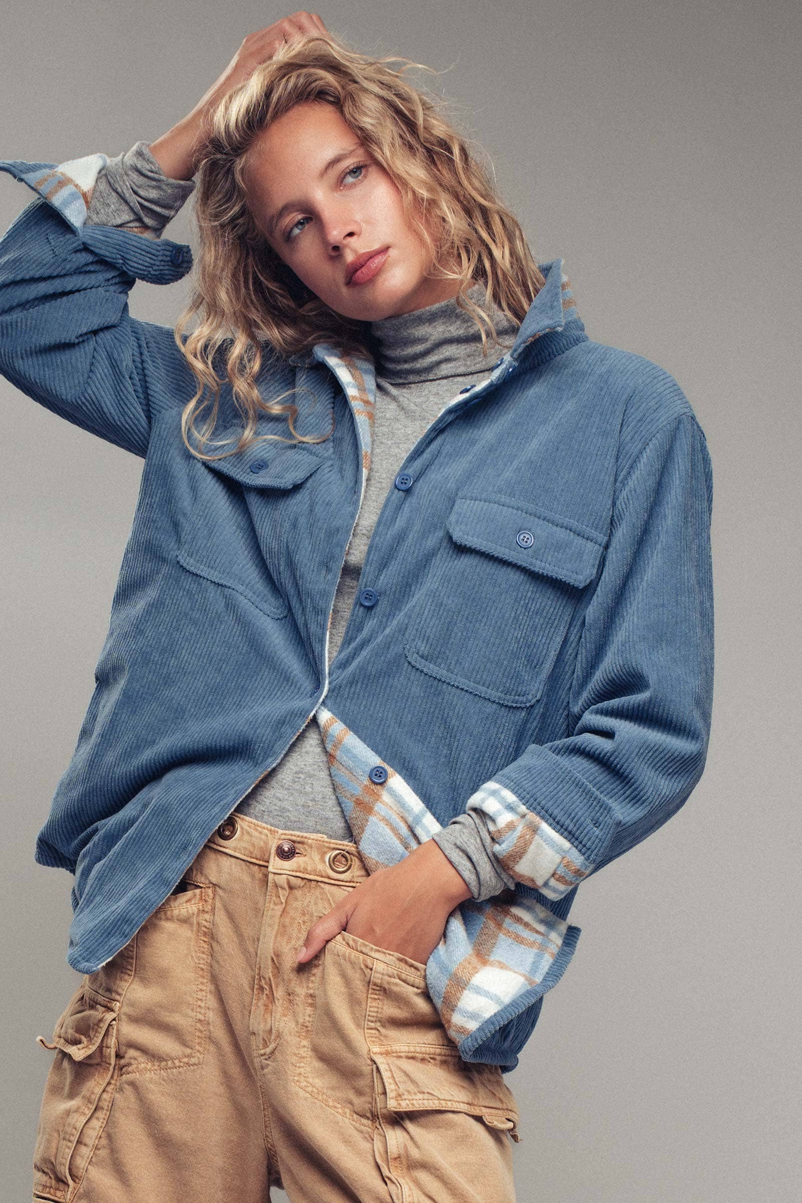 Urban Daizy Plaid Flannel-Lined Corduroy Shacket Taupe Shirt Jacket/Shacket - Women's (UDZ-KN-00150) – alternate view 26