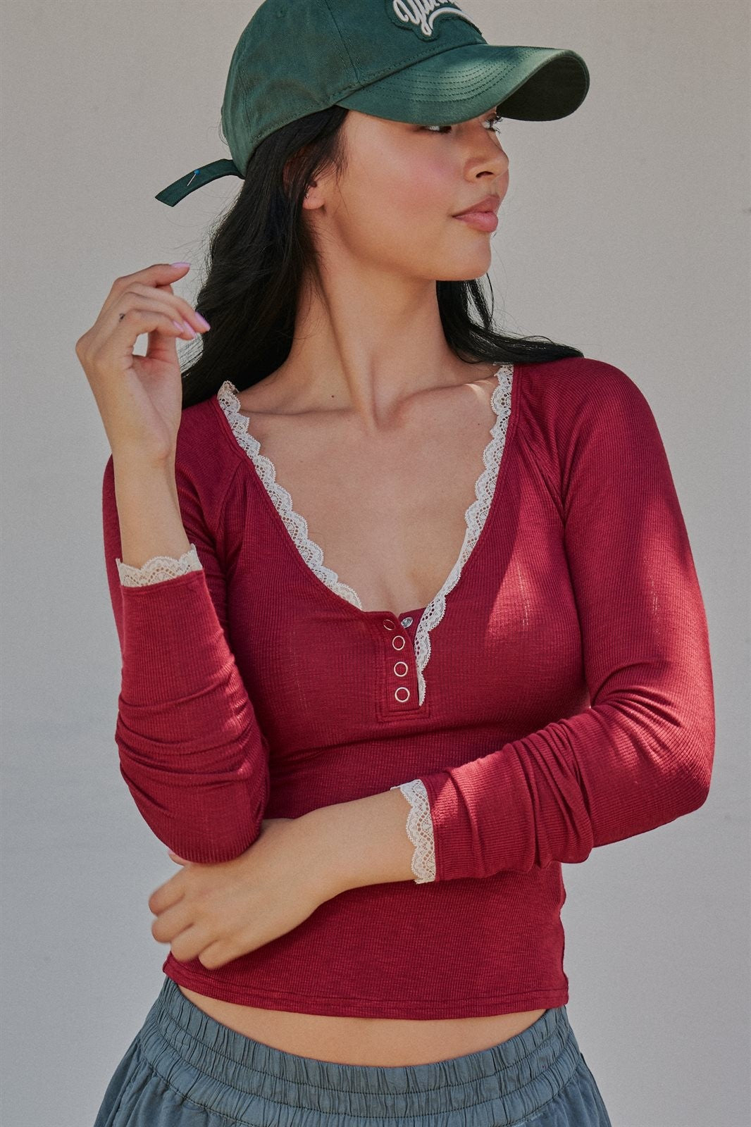 Lace Trim Slub Knit Henley Long Sleeve Top | wholesale knit top - women's | Urban Daizy