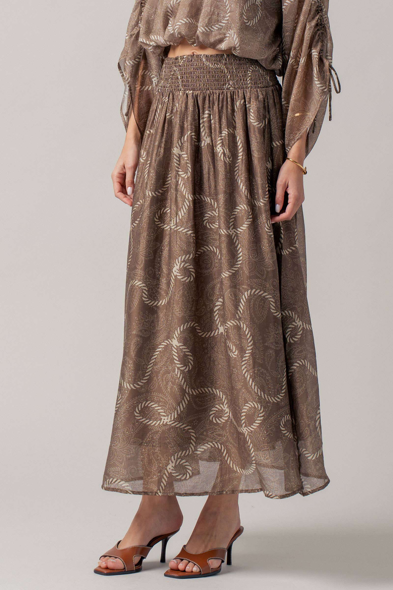 Rope Print Smocked Waist Maxi Skirt Linen Silk