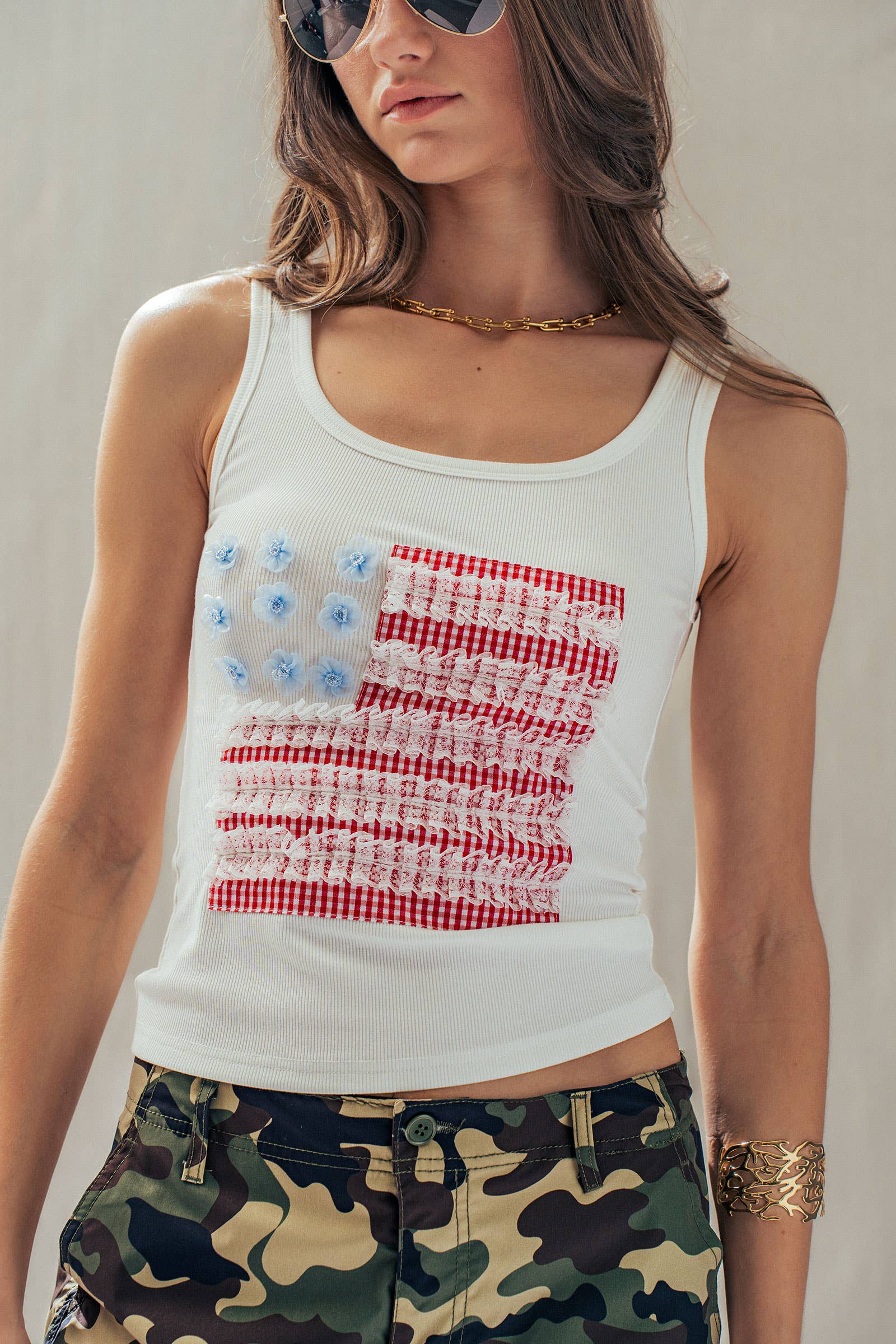 Urban Daizy Gingham & Lace American Flag Patch Ribbed Tank White Tank Top - Women's (UDTP1415) – alternate view 12