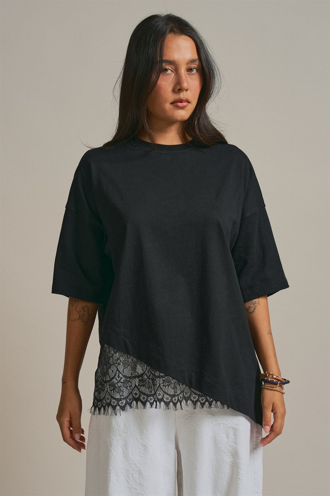 Oversized Cotton Tee with Asymmetric Lace Hem in BLACK - Women's T-Shirts & Polos | Urban Daizy