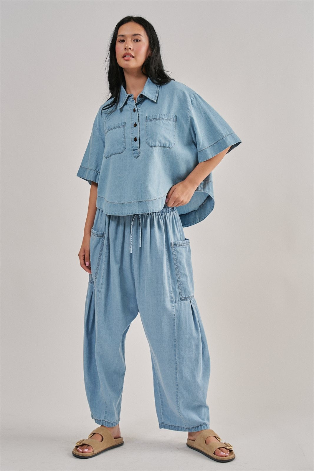Washed Utility Half-Placket Cropped Shirt in CHAMBRAY - Women's Shirts & Blouses | Urban Daizy