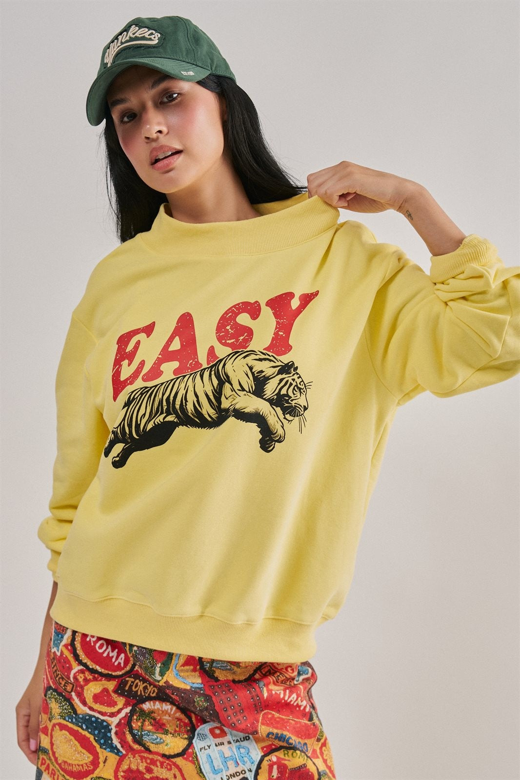 Easy Tiger Graphic Mock Neck Sweatshirt Brushed French Terry in YELLOW - Women's Sweatshirts & Hoodies | Urban Daizy