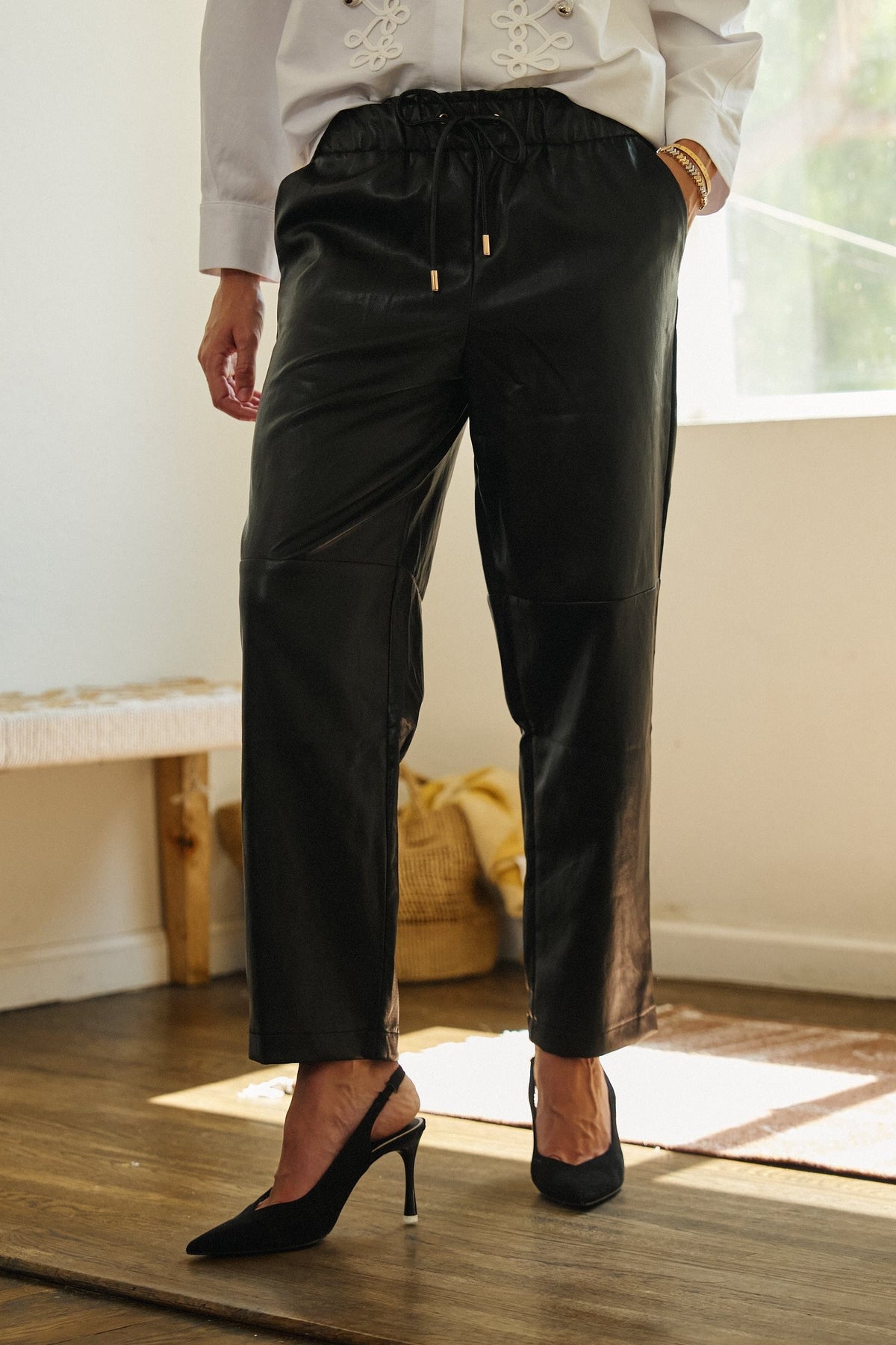Faux Leather Drawstring Jogger Pants in BLACK - Women's Casual Pants | Urban Daizy