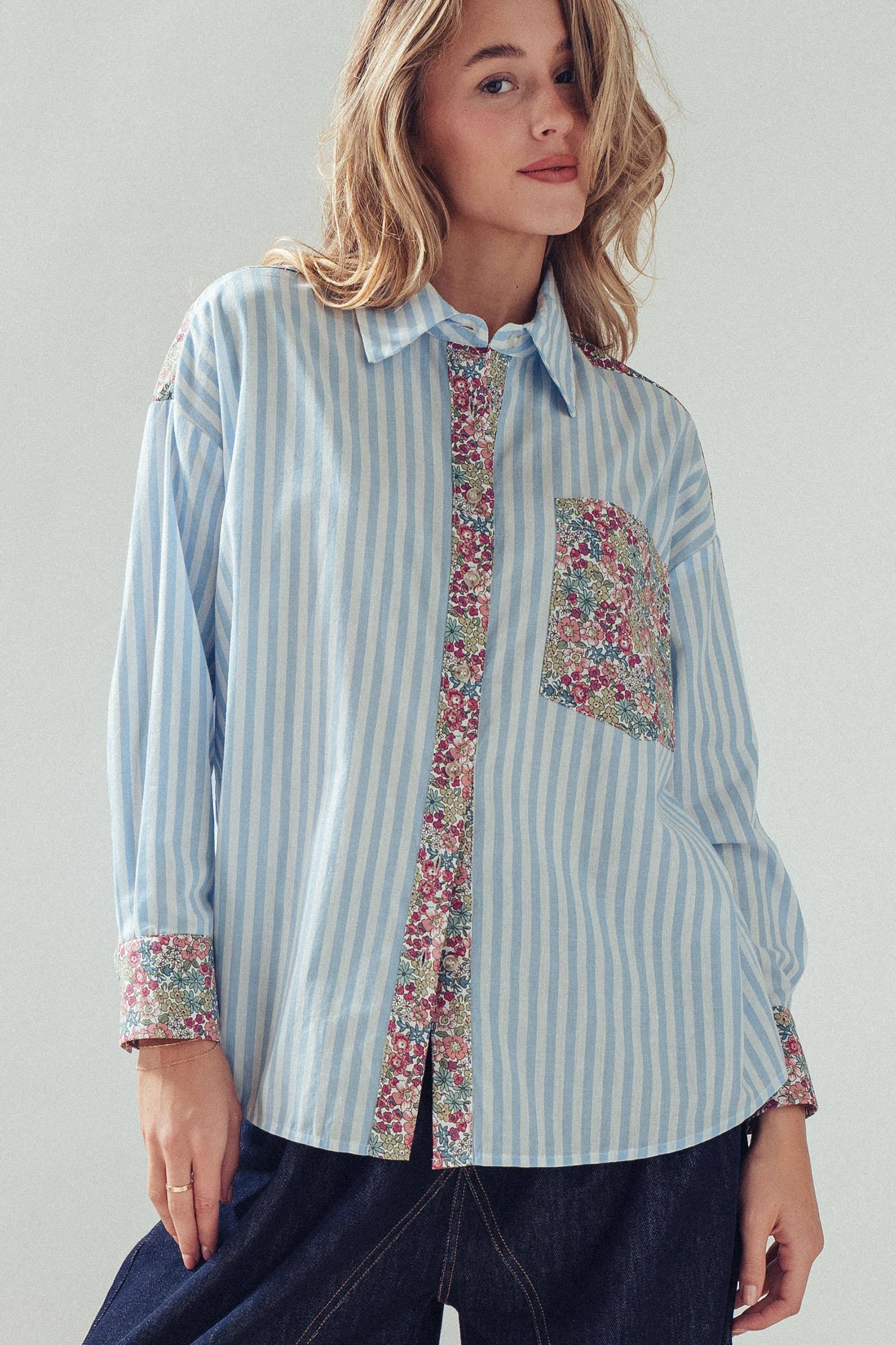 Floral Contrast Mixed Print Striped Shirt