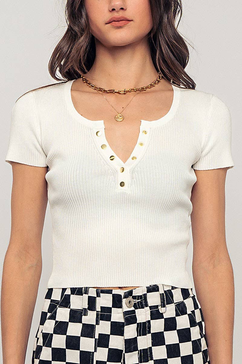 Urban Daizy Ribbed Scoop Neck Henley Cropped Summer Top Blue Knit Top - Women's (UDZ-TP-00758) – alternate view 18