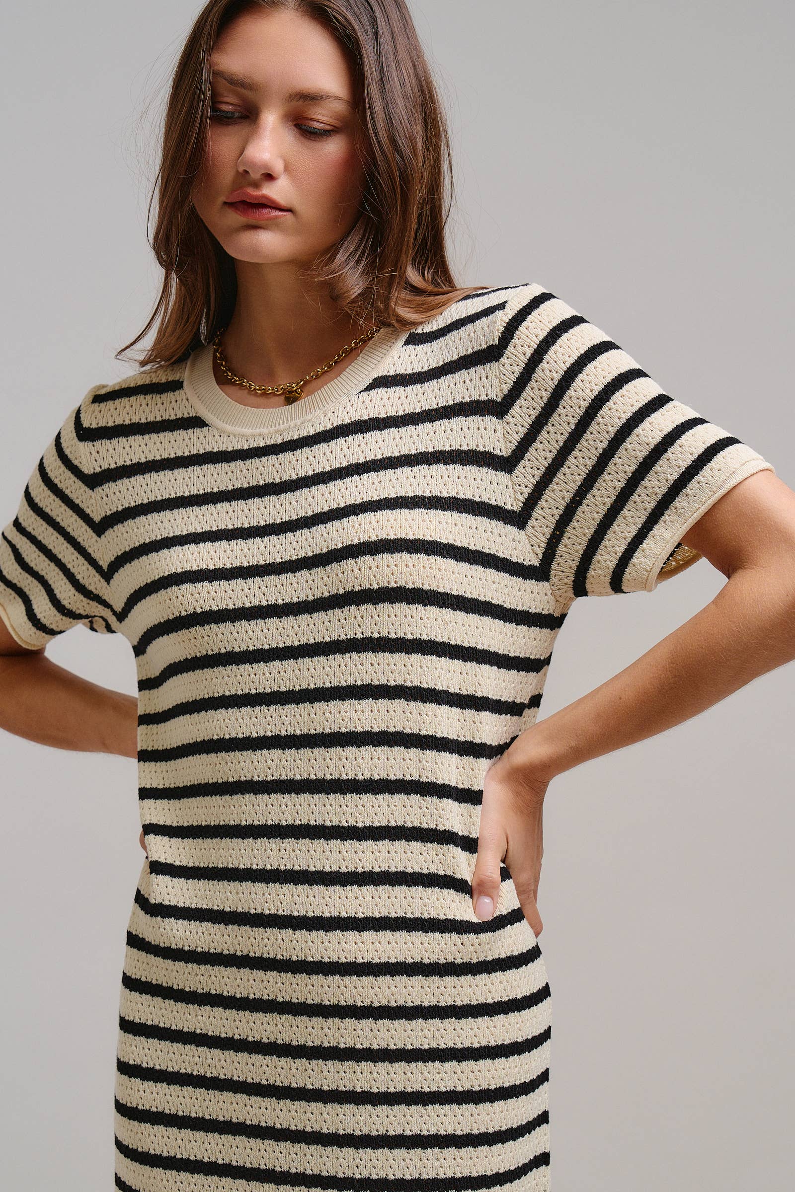 Striped Crochet Knit Short Sleeve Midi Dress