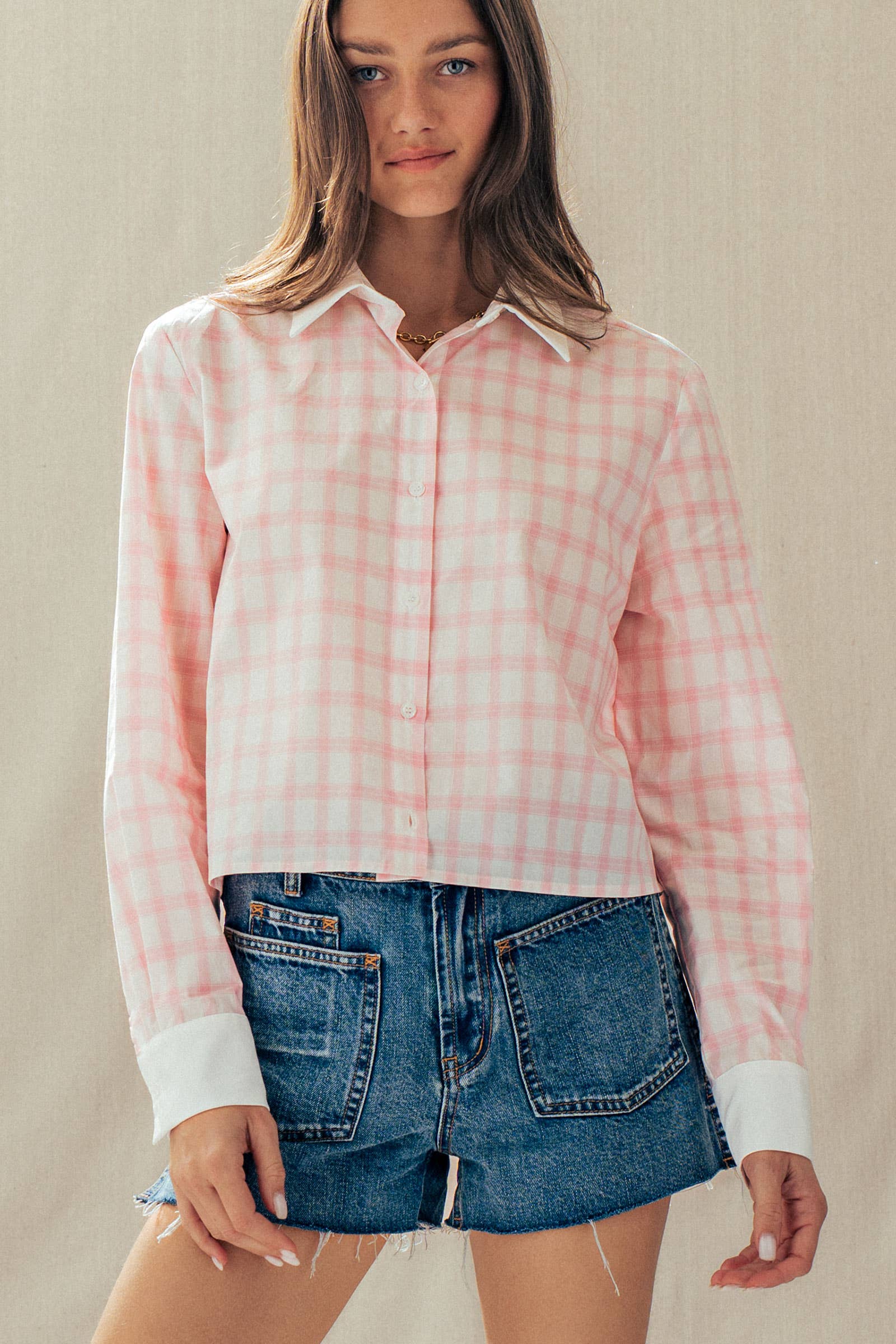Contrast Collar Plaid Button Front Shirt